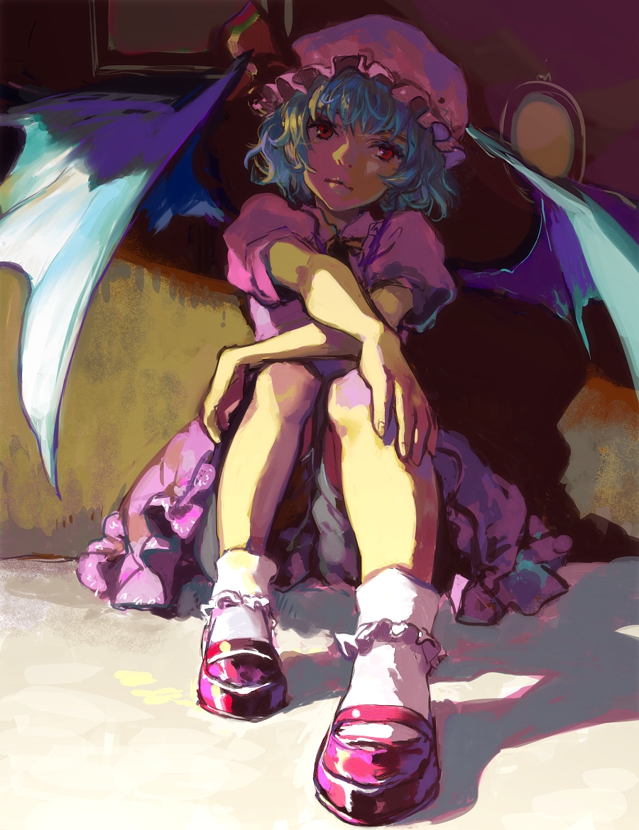taira, remilia scarlet, touhou, bad id, bad pixiv id, 1girl, against wall, bat wings, bloomers, blue hair, bobby socks, female focus, foreshortening, hat, head tilt, legs, lips, mary janes, muted color, red eyes, ribbon, shoes, short hair, sitting, socks, solo, underwear, wings