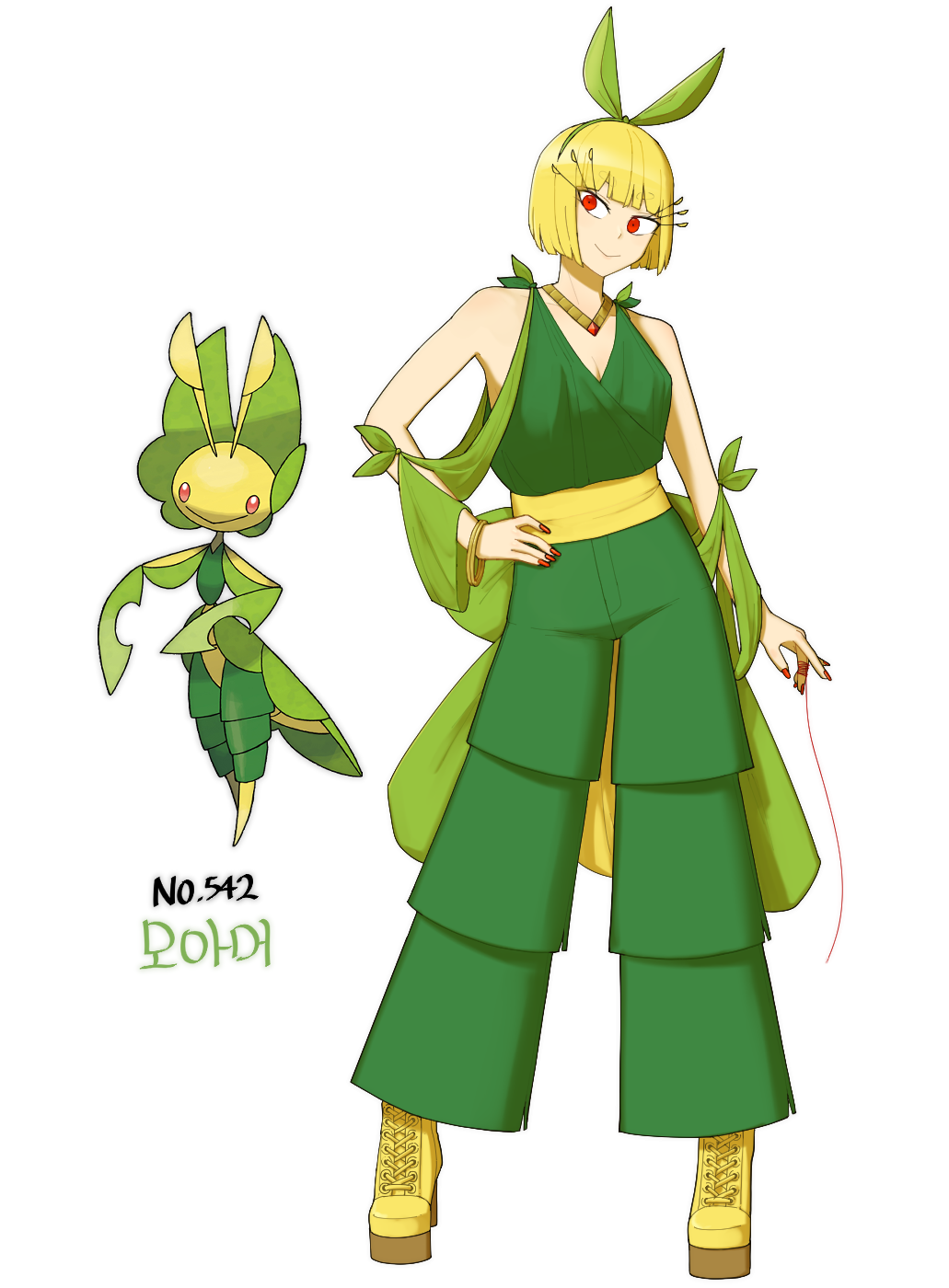 qumyak, leavanny, nintendo, pokemon, highres, 1girl, blonde hair, blunt bangs, boots, bow, bracelet, breasts, cleavage, eyelashes, full body, gen 5 pokemon, green bow, green pants, hair bow, hand on own hip, jewelry, lace-up boots, necklace, pants, personification, pokedex number, pokemon (creature), red eyes, red nails, ring, short hair, small breasts, solo, standing, string, white background, yellow boots