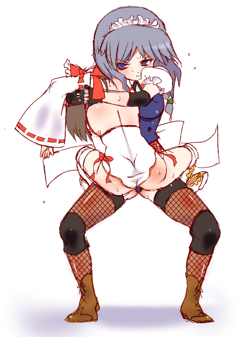 dei shirou, hakurei reimu, izayoi sakuya, touhou, fishnet legwear, silver hair, 2girls, blue eyes, boots, brown hair, female focus, fishnets, hairband, multiple girls, ribbon, short hair, sweat, thighhighs, wrestling