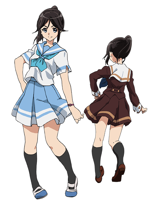 kasaki nozomi, hibike! euphonium, official art, second-party source, 1girl, black hair, black socks, blue eyes, blue neckerchief, blue sailor collar, blue skirt, brown serafuku, brown shirt, brown skirt, closed mouth, full body, hand on own hip, kitauji high school uniform, kneehighs, loafers, long hair, long sleeves, looking at viewer, multiple views, neckerchief, pleated skirt, ponytail, sailor collar, school uniform, serafuku, shirt, shoes, simple background, skirt, smile, socks, standing, tachi-e, transparent background, turnaround, uwabaki, white sailor collar, white shirt, white socks
