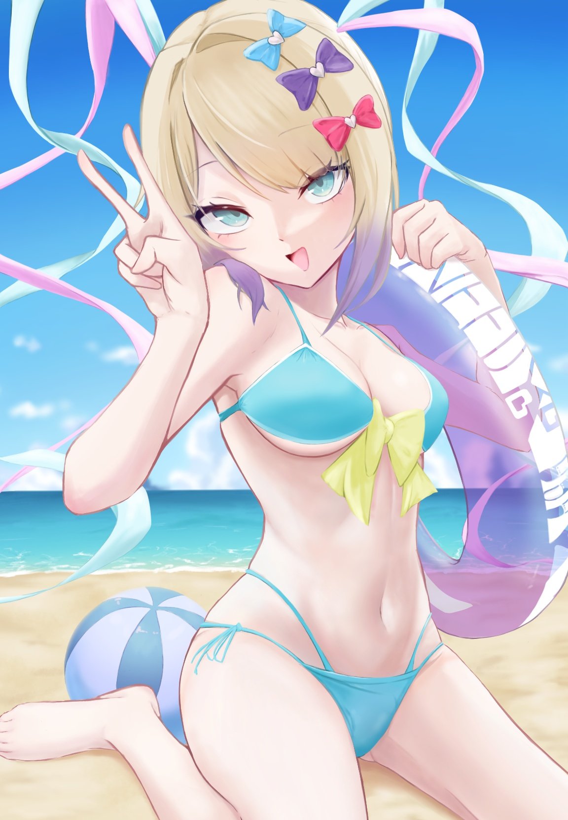 chouzetsusaikawa tenshi-chan, needy girl overdose, highres, :d, alternate costume, ball, barefoot, beach, beachball, blonde hair, blue eyes, blue hair, bow, chest bow, colored tips, day, hair bow, head tilt, holding, holding swim ring, innertube, looking at viewer, meguru same, multicolored hair, multiple hair bows, navel, open mouth, outdoors, panties, pink hair, quad tails, revealing clothes, seiza, sidelocks, sitting, smile, swim ring, swimsuit, underwear, v