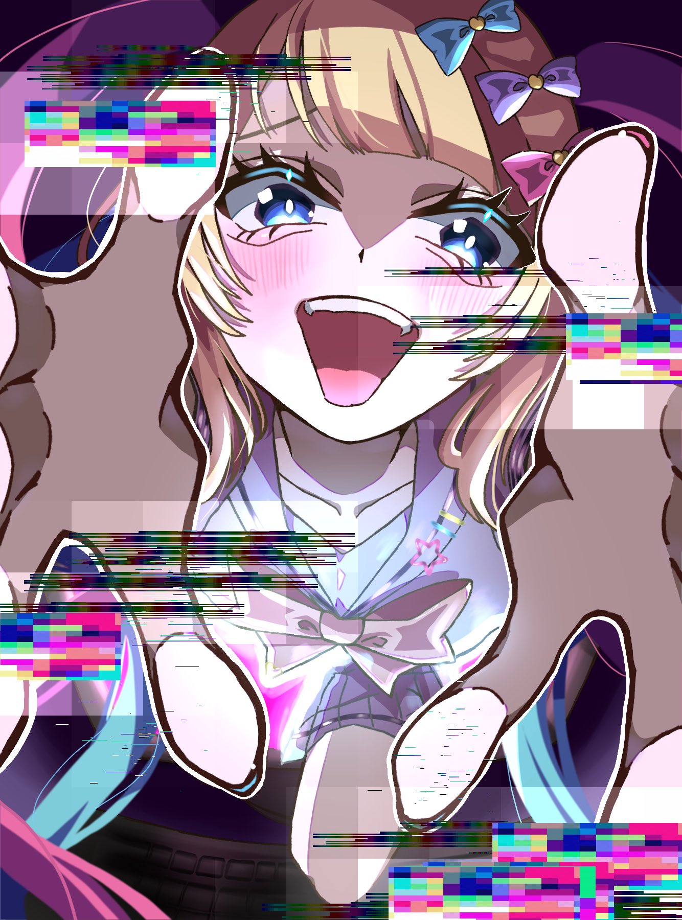 chouzetsusaikawa tenshi-chan, needy girl overdose, highres, 1girl, :d, aegyo sal, blonde hair, blue eyes, blue hair, blue serafuku, blunt bangs, bow, chest bow, crazy eyes, distortion, fisheye, flustered, fourth wall, glitch, hair bow, knee up, looking at viewer, multiple hair bows, open mouth, outstretched arms, owa ri, pink hair, pov, quad tails, reaching, reaching towards viewer, school uniform, serafuku, smile, solo