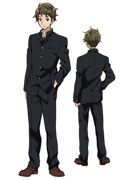 tsukamoto shuuichi, hibike! euphonium, official art, second-party source, 1boy, black jacket, black pants, brown eyes, brown hair, brown shoes, closed mouth, expressionless, full body, gakuran, hand in pocket, jacket, loafers, long sleeves, looking at viewer, male focus, multiple views, pants, school uniform, shoes, short hair, simple background, standing, tachi-e, transparent background, turnaround