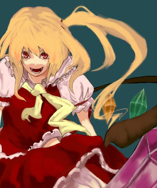 flandre scarlet, touhou, 1girl, blonde hair, female focus, no headwear, red eyes, side ponytail, solo, wings