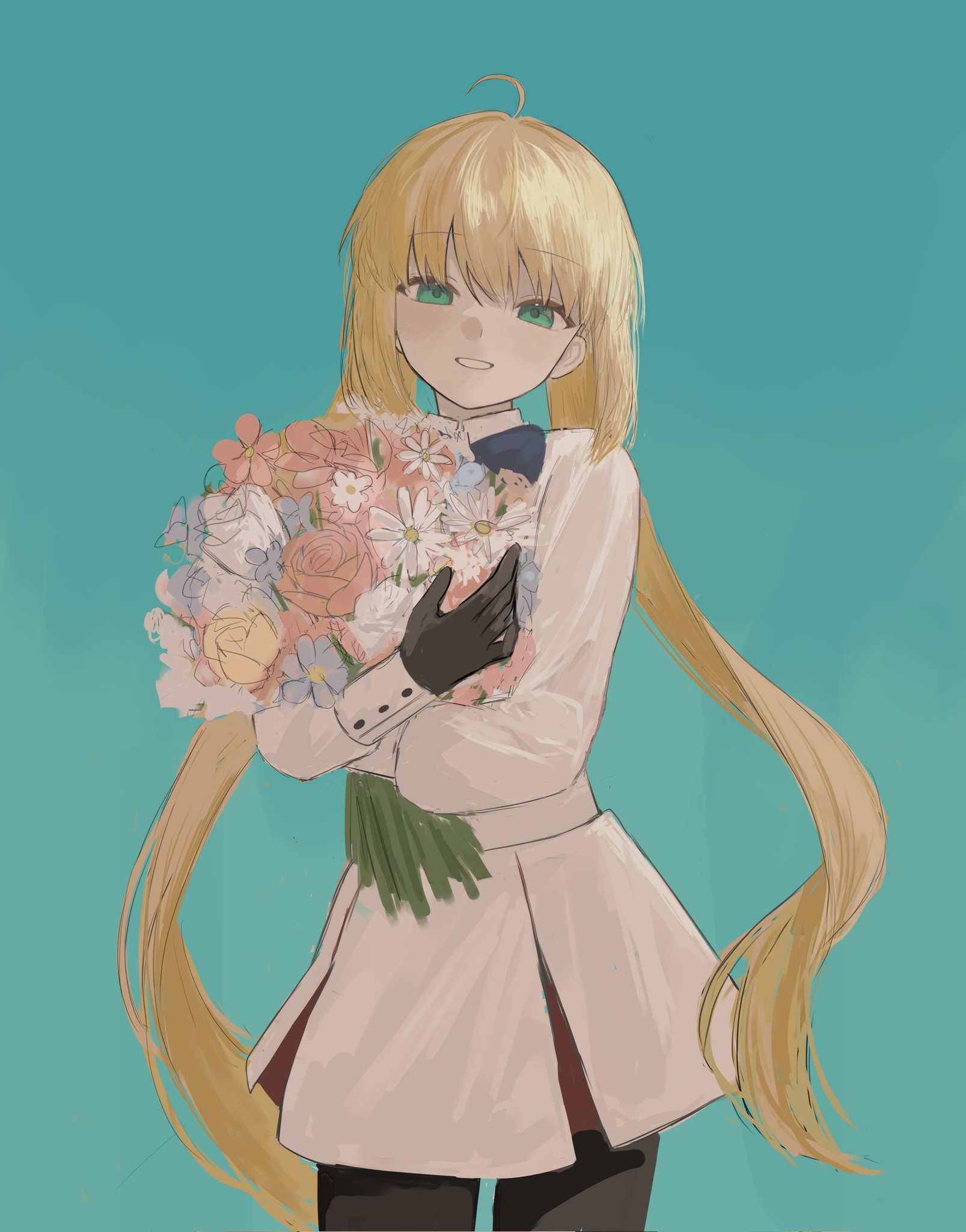 rurubusandayo, artoria caster (fate), artoria caster (second ascension) (fate), artoria pendragon (fate), fate/grand order, fate (series), commentary, english commentary, highres, 1girl, ahoge, aqua background, black gloves, black pantyhose, bouquet, dress, flower, gloves, green eyes, grin, holding, holding bouquet, long hair, long sleeves, looking at viewer, pantyhose, simple background, smile, solo, twintails, very long hair, white dress