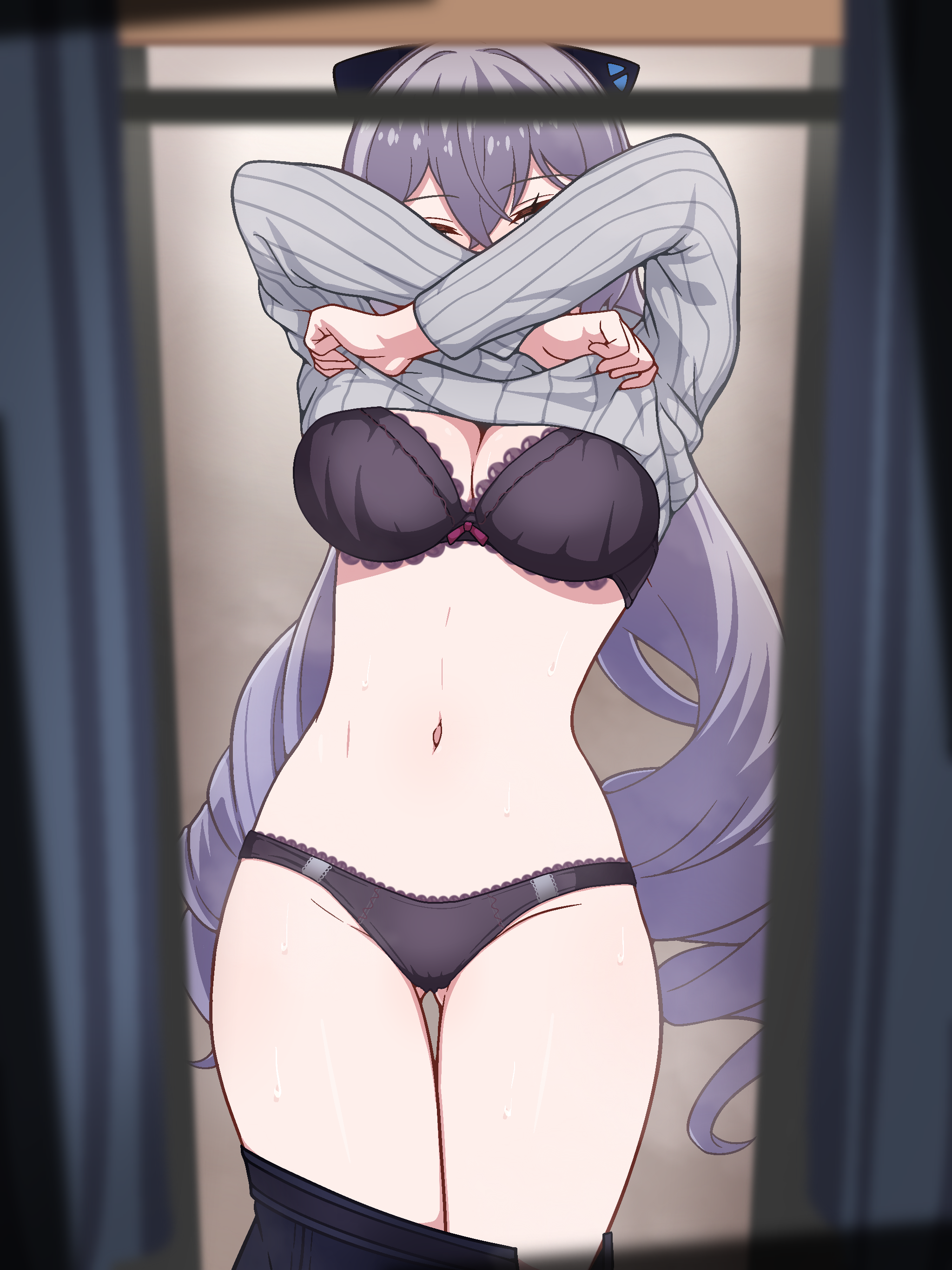 milliani, bronya zaychik, bronya zaychik (silverwing: n-ex), honkai (series), honkai impact 3rd, absurdres, commentary request, highres, black bra, black panties, bra, breasts, cleavage, clothes lift, grey hair, grey sweater, lace, lace-trimmed bra, lace-trimmed panties, lace trim, large breasts, lifting own clothes, long hair, navel, panties, stomach, sweat, sweater, sweater lift, underwear, undressing, very long hair, voyeurism