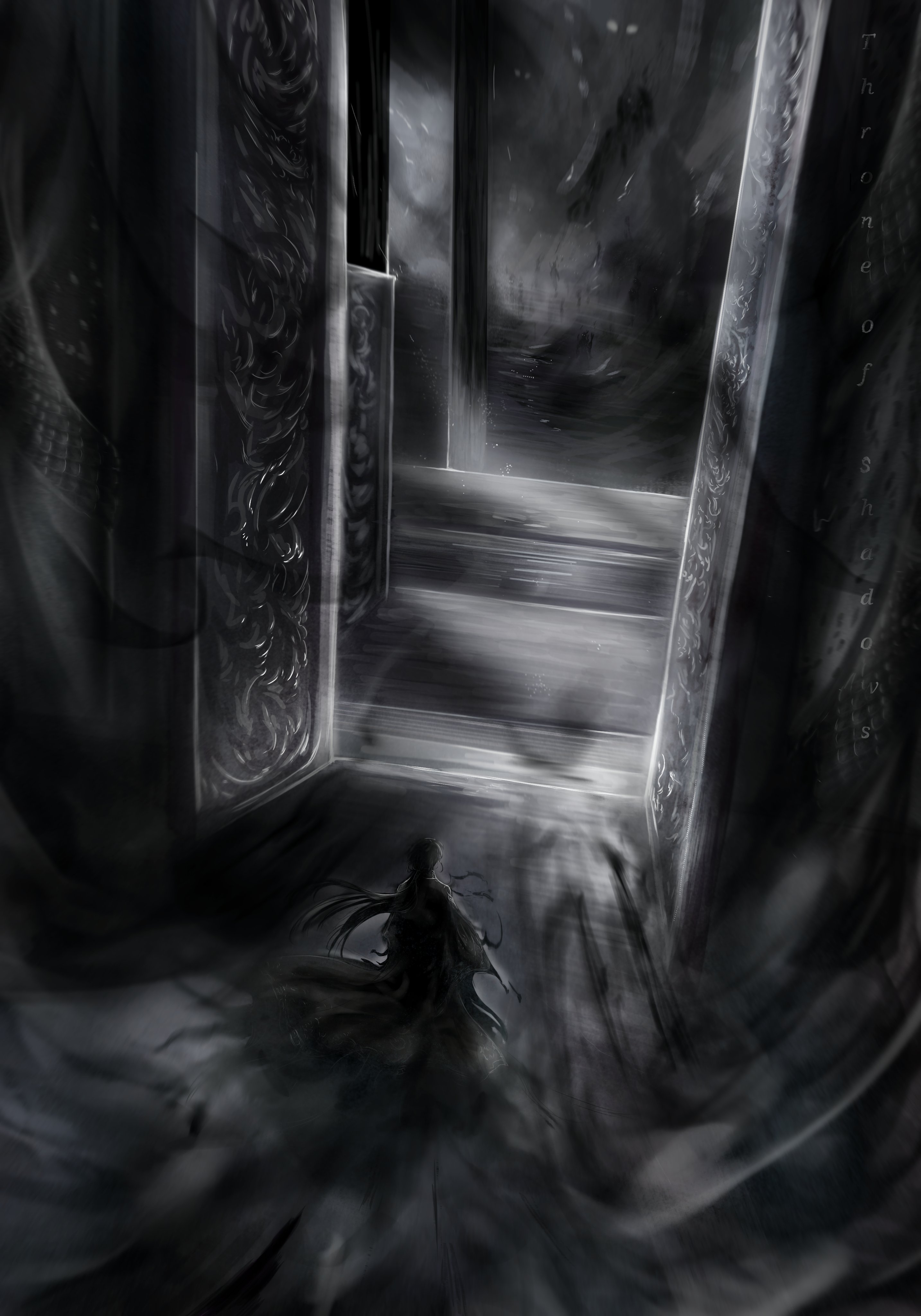 sunny (shadow slave), shadow slave, absurdres, highres, 1boy, creature, doorway, from above, greyscale, hair flowing over, hood, hood down, illithii, male focus, mini person, miniboy, monochrome, open door, robe, smoke, solo, tunic, walking, wooden floor
