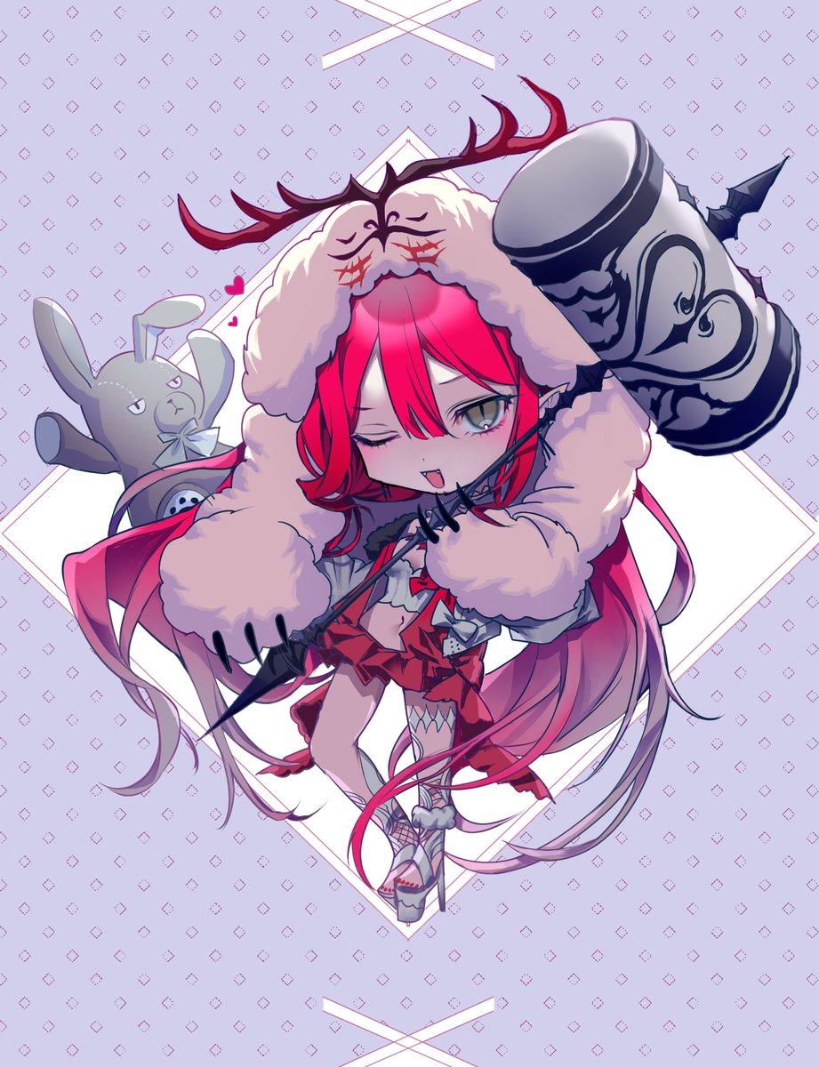 shikuwata, baobhan sith (fate), baobhan sith (swimsuit pretender) (first ascension) (fate), cernunnos (fate), fate/grand order, fate (series), highres, character hood, deformed, grey eyes, hammer, looking at viewer, navel, one eye closed, open mouth, pink hair, pink skirt, platform heels, sidelocks, skirt, smile, stuffed animal, stuffed rabbit, stuffed toy