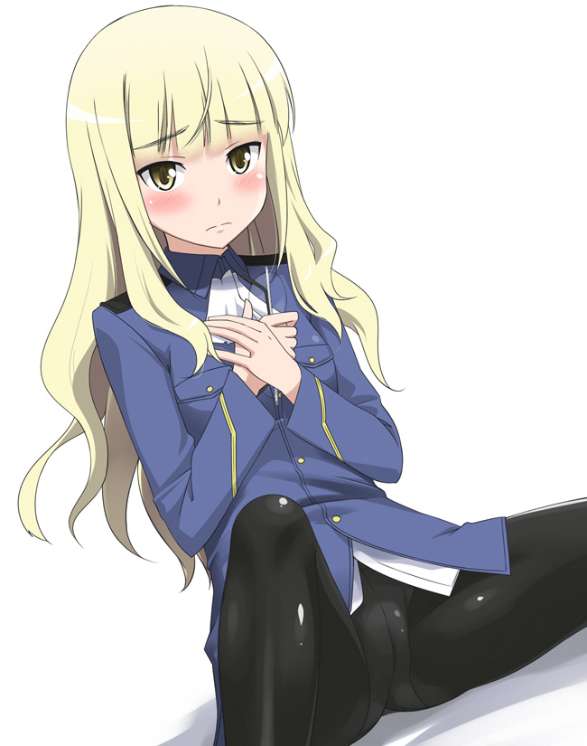 youkan, perrine h. clostermann, strike witches, world witches series, bad id, bad pixiv id, 00s, 1girl, black pantyhose, blonde hair, blunt bangs, blush, brown eyes, crotch seam, female focus, glasses, holding, holding removed eyewear, latex, long hair, military, military uniform, pantyhose, sitting, solo, unworn eyewear, yellow eyes