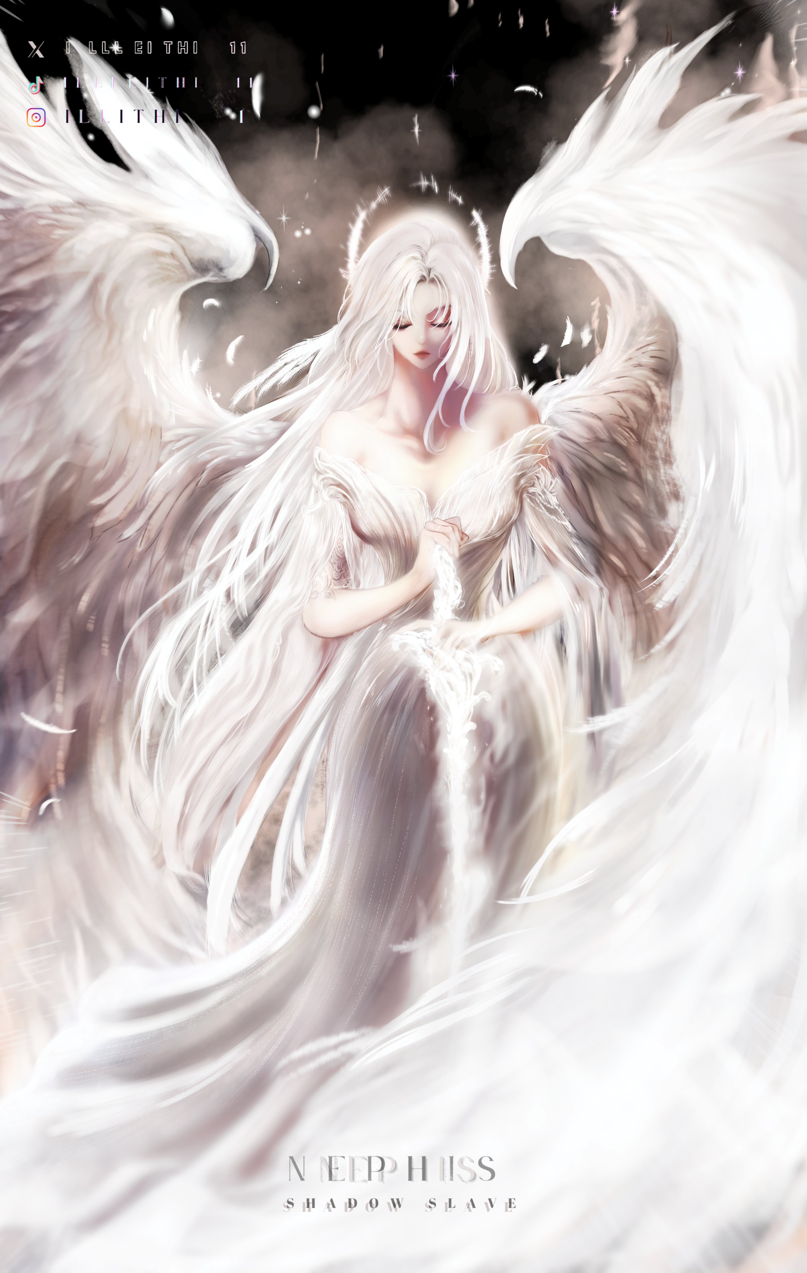 nephis (shadow slave), shadow slave, absurdres, highres, 1girl, character name, closed eyes, copyright name, dress, falling feathers, feathered wings, feathers, hair flowing over, halo, halo behind head, holding, holding sword, holding weapon, illithii, long hair, off-shoulder dress, off shoulder, official alternate costume, planted, planted sword, planted weapon, silk, solo, sword, very long hair, weapon, white dress, white hair, white wings, wings