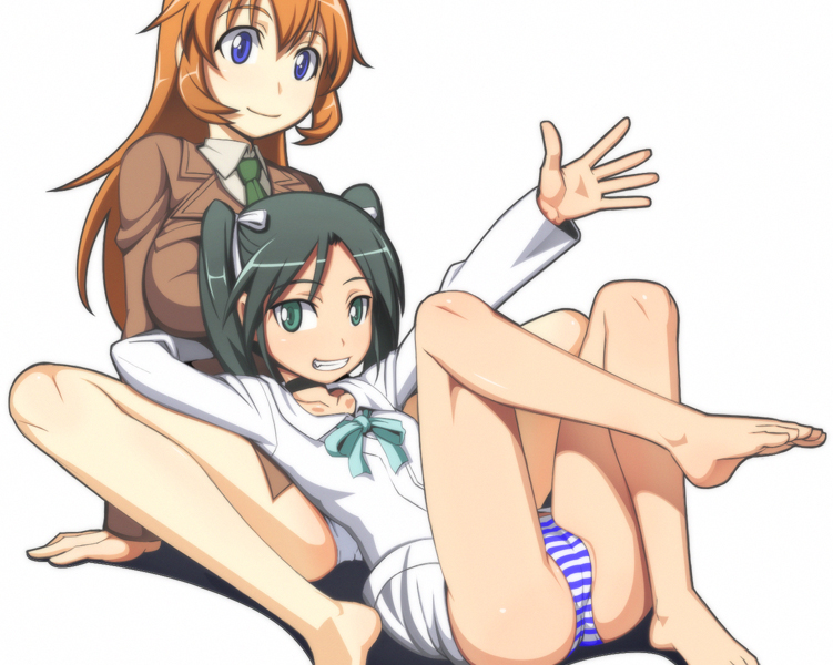 caryo, nanashino, charlotte e. yeager, francesca lucchini, strike witches, world witches series, 00s, 2girls, barefoot, black hair, bottomless, choker, feet, legs, long legs, looking at viewer, multiple girls, no pants, panties, pantyshot, smile, striped clothes, striped panties, toes, twintails, underwear, waving