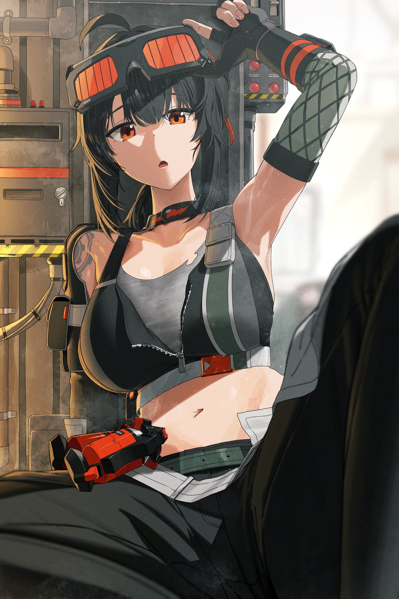 noeru, grace howard, zenless zone zero, commentary, highres, 1girl, ahoge, arm up, black gloves, black pants, black sports bra, blurry, blurry background, breasts, collarbone, fingerless gloves, gloves, goggles, goggles on head, large breasts, looking at viewer, midriff, navel, orange-tinted eyewear, orange eyes, pants, partially unzipped, shoulder tattoo, single bare shoulder, sitting, solo, sports bra, sweat, tattoo, tinted eyewear