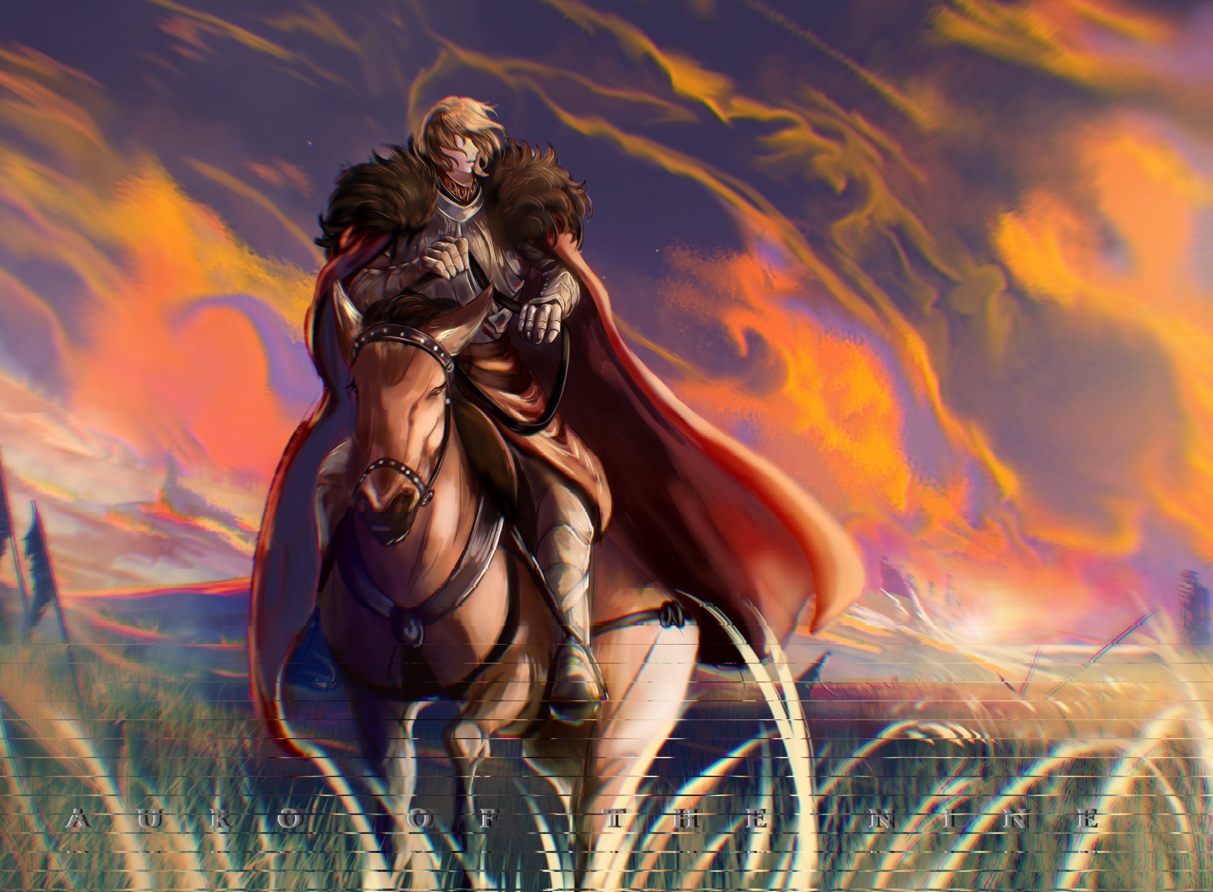 shadow slave, absurdres, highres, 1boy, armor, auro of the nine, blonde hair, cape, character name, distortion, field, flag, full body, fur collar, grass, hair flowing over, holding, holding reins, horseback riding, illithii, male focus, mountainous horizon, outdoors, red cape, reins, riding, short hair, solo, sunset, torn flag