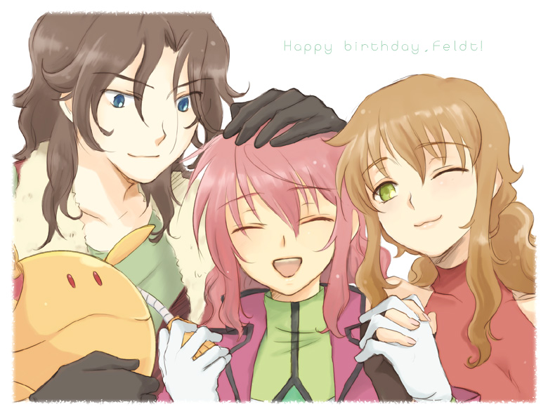 plum (arch), christina sierra, feldt grace, haro, lockon stratos, gundam, gundam 00, 00s, 1boy, 2girls, :3, closed eyes, happy, headpat, holding hands, multiple girls, one eye closed, smile, wink