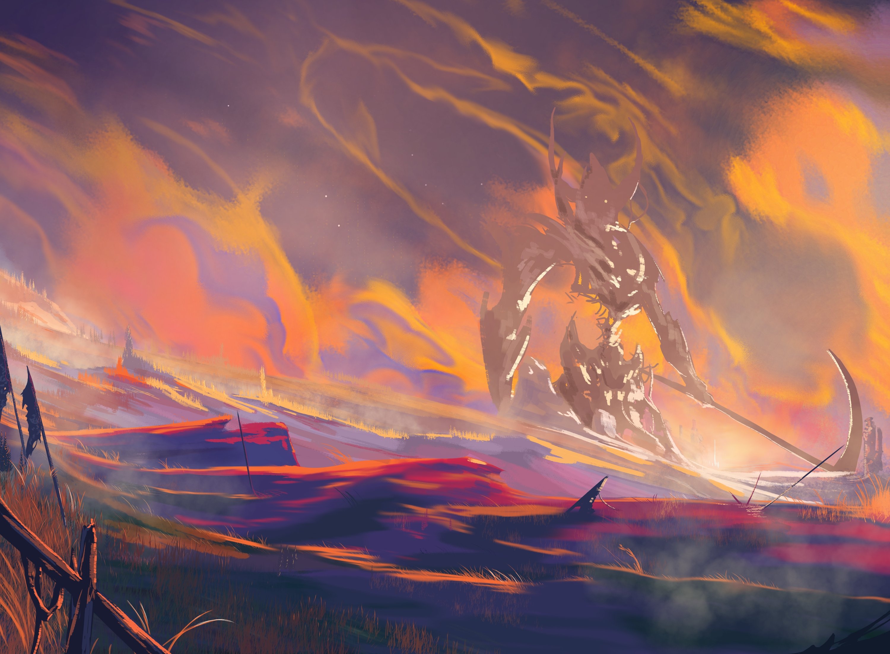 shadow slave, highres, armor, blurry, blurry background, creature, depth of field, exposed bone, fence, field, giant, grass, holding, holding scythe, horns, illithii, mountainous horizon, scythe, spine, sunset, torn flag, wooden fence