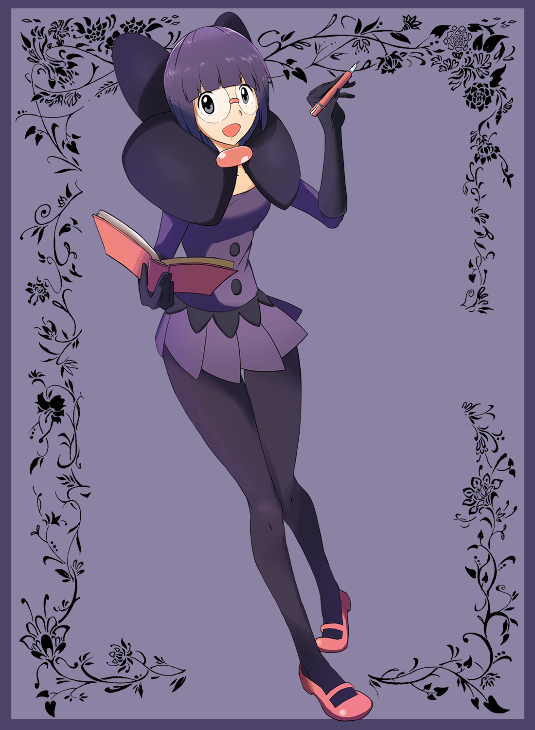 ichii (blackbook0007), shauntal (pokemon), nintendo, pokemon, pokemon bw, highres, 1girl, blunt bangs, bob cut, book, breasts, collarbone, elbow gloves, glasses, gloves, holding, holding book, holding pen, leaning forward, low-cut, medium breasts, neck pillow, open mouth, pantyhose, pen, purple hair, purple skirt, rimless eyewear, round eyewear, short hair, skirt, smile, solo