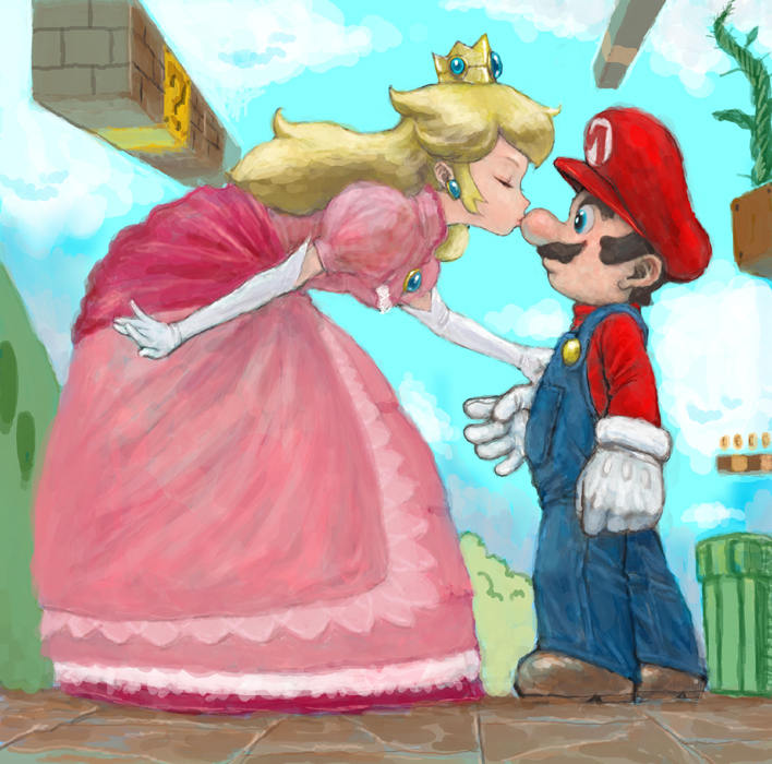 ponsuke (pon00000), mario, princess peach, mario (series), nintendo, super mario bros. 1, brown footwear, red headwear, bad id, bad pixiv id, 1boy, 1girl, ? block, blonde hair, blue eyes, blue overalls, brooch, closed eyes, cloud, coin block, crown, dress, earrings, elbow gloves, facial hair, full body, gloves, height difference, hetero, jewelry, kiss, kiss on nose, kissing nose, leaning forward, mini crown, mustache, outdoors, overalls, pink dress, puffy short sleeves, puffy sleeves, red sweater, short sleeves, sky, standing, sweater, warp pipe, white gloves