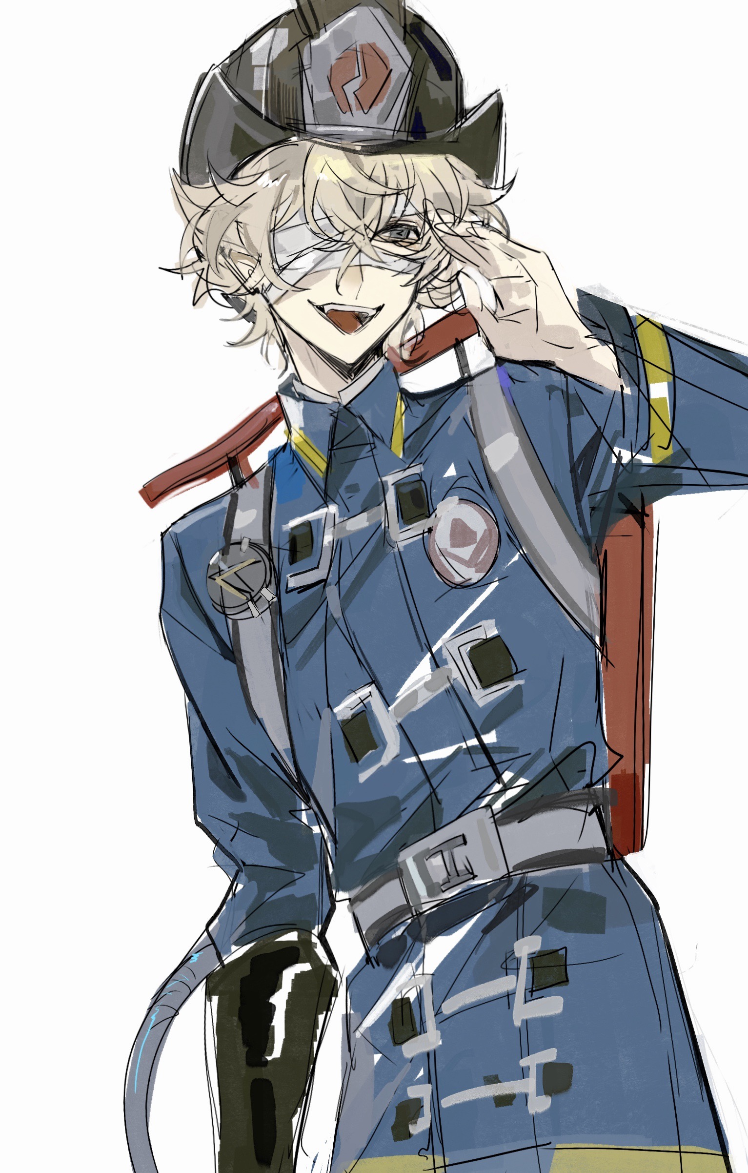 florian brand, identity v, absurdres, highres, 1boy, :d, bandage over one eye, black gloves, blonde hair, blue coat, coat, fangs, firefighter, firefighter helmet, firefighter jacket, gloves, green eyes, hair between eyes, jacket, looking ahead, open mouth, single glove, smile, xinjinjumin675358701172