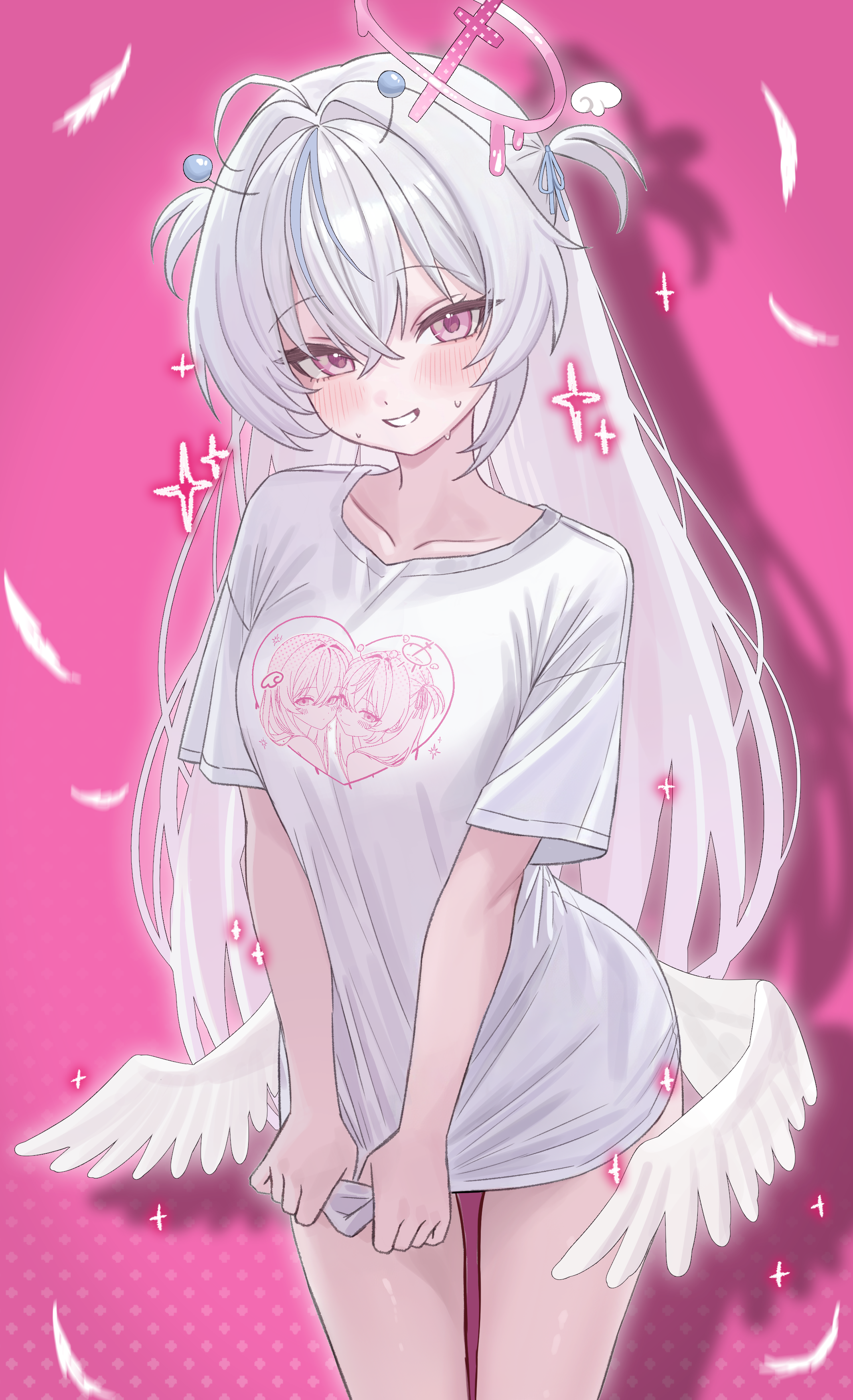 yamu (yamu 030), original, absurdres, commentary request, highres, 1girl, blush, collarbone, cowboy shot, crossed bangs, grey eyes, grey hair, grin, hair between eyes, halo, long bangs, long hair, looking at viewer, low wings, melting halo, no pants, pink background, pink halo, print shirt, shadow, shirt, shirt tug, short sleeves, smile, solo, standing, straight hair, sweat, t-shirt, two side up, very long hair, white shirt, white wings, wings