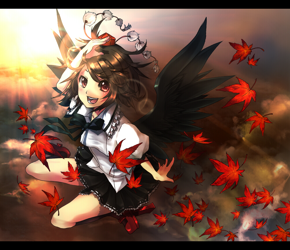 neota, shameimaru aya, touhou, bad id, bad pixiv id, 1girl, black wings, female focus, hat, leaf, letterboxed, looking at viewer, open mouth, smile, solo, wings