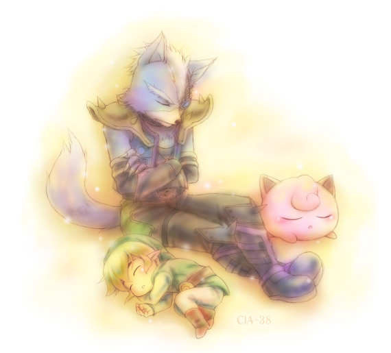 cia 38, miyaman813, jigglypuff, link, toon link, wolf o'donnell, nintendo, pokemon, star fox, super smash bros., the legend of zelda, md5 mismatch, resolution mismatch, source larger, 2boys, armor, blonde hair, boots, closed eyes, crossed arms, furry, furry male, gen 1 pokemon, gloves, multiple boys, open mouth, pointy ears, pokemon (creature), sleeping, tail, white hair
