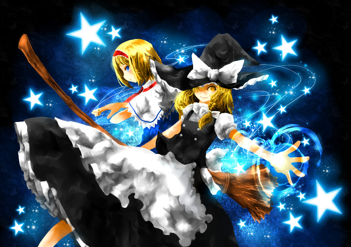 mikihiro, alice margatroid, kirisame marisa, touhou, bad id, bad pixiv id, 2girls, blonde hair, blue eyes, braid, broom, female focus, gradient background, hairband, hat, long hair, multiple girls, short hair, skirt, star (symbol), witch, witch hat, yellow eyes