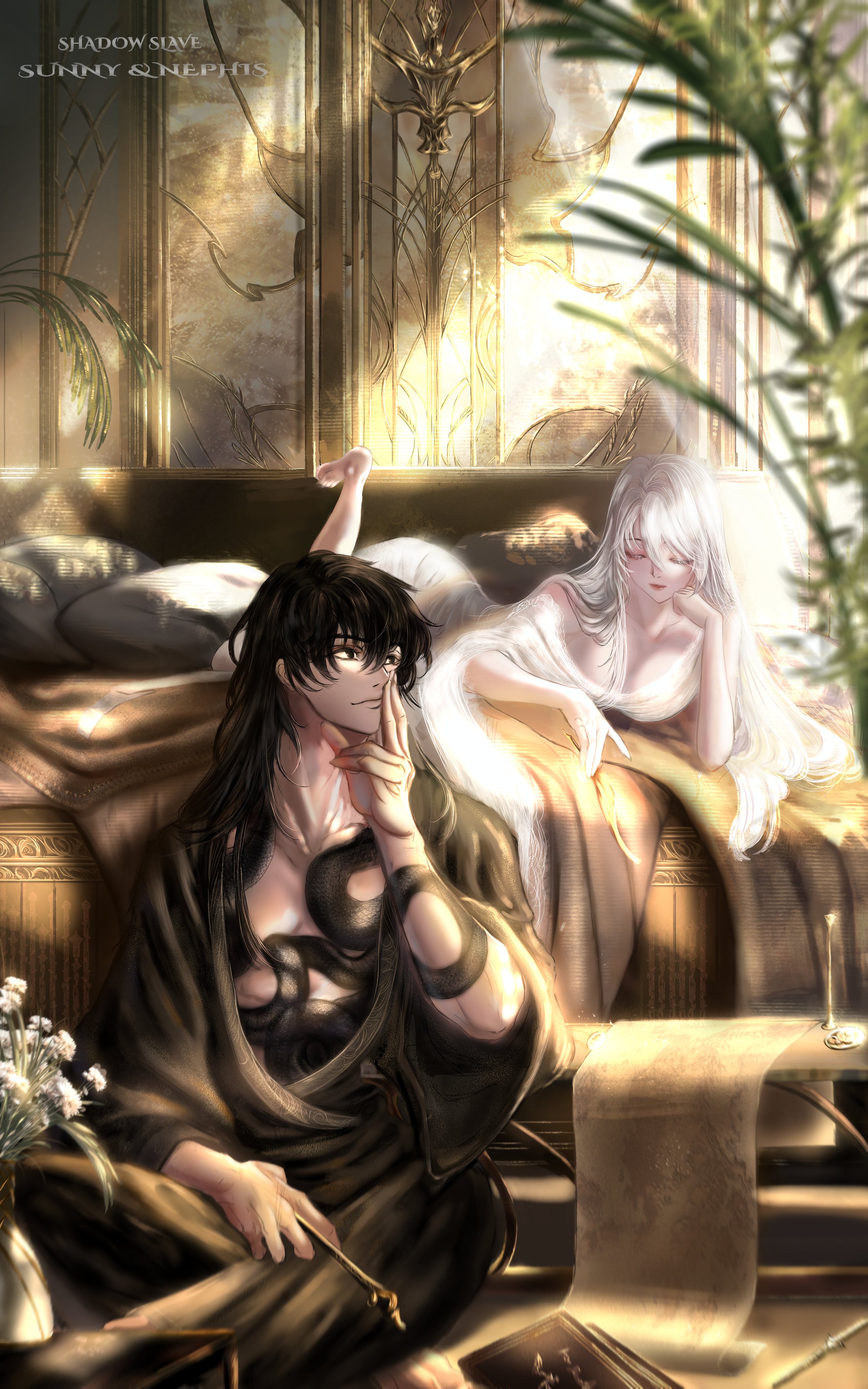 nephis (shadow slave), sunny (shadow slave), absurdres, highres, 1boy, 1girl, black eyes, black hair, black robe, book, character name, chest tattoo, chrysanthemum, closed eyes, copyright name, couch, day, dress, fern, flower, foot up, full body, hand on own chin, hand on own leg, holding, illithii, implied hetero, indoors, long hair, map, mullet, pillow, robe, shadow, sitting, smile, snake tattoo, sunlight, tattoo, vase, very long hair, white dress, white hair, window light
