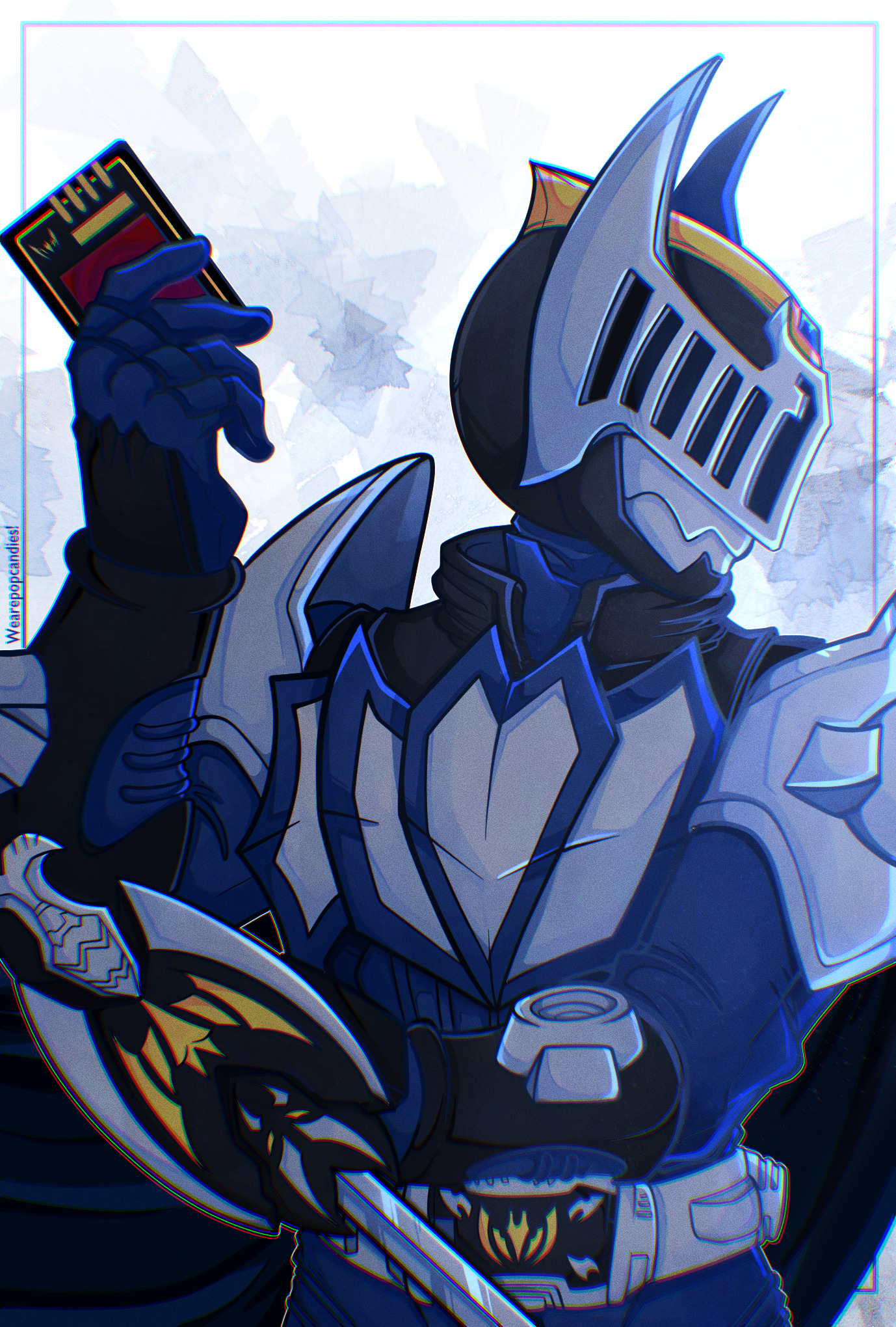 kamen rider knight, kamen rider, kamen rider ryuki (series), tokusatsu, commentary, english commentary, highres, 1boy, advent card, animification, armor, arms up, artist name, bat (animal), belt, card, facing to the side, holding, holding card, male focus, rider belt, solo, upper body, v buckle, wearepopcandies