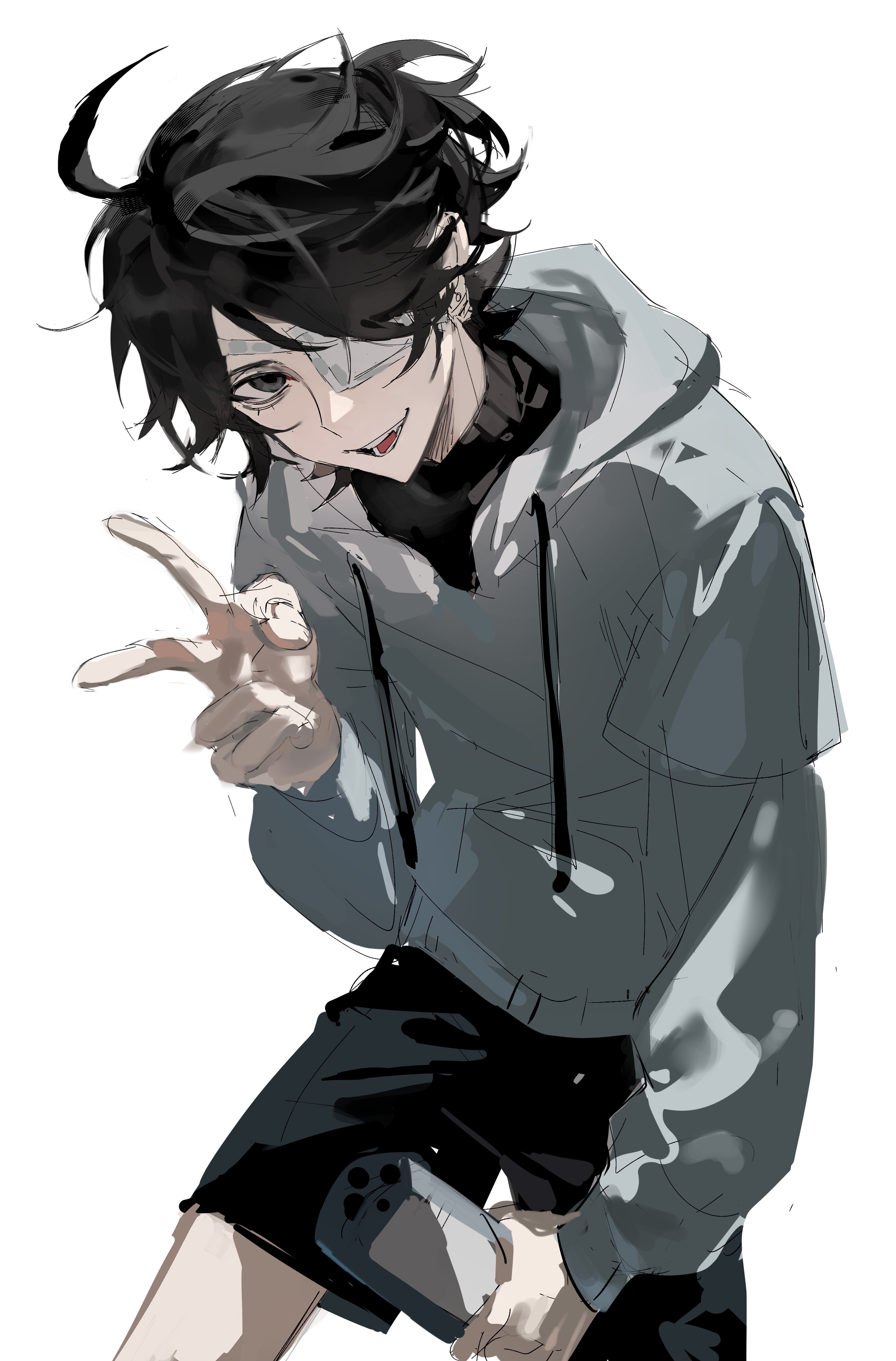 luca balsa, luca balsa (oph.luca), identity v, absurdres, commentary, highres, symbol-only commentary, 1boy, :d, ahoge, black hair, black shorts, black sweater, eyepatch, grey eyes, grey hoodie, handheld game console, head tilt, hood, hoodie, layered sleeves, long sleeves, looking at viewer, male focus, open mouth, short over long sleeves, short sleeves, shorts, smile, sweater, turtleneck, v, xinjinjumin675358701172