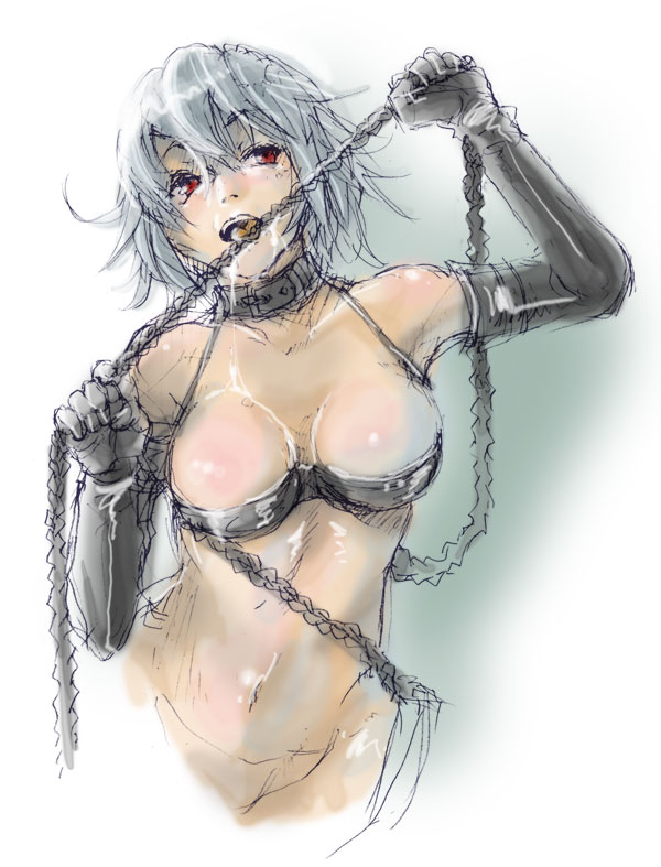 soutatsu, saiki misaki, teizokurei daydream, silver hair, 00s, 1girl, albino, bottomless, bra, breasts, chain, collar, elbow gloves, female focus, gloves, groin, large breasts, licking, lingerie, naughty face, open mouth, red eyes, saliva, sexually suggestive, short hair, sketch, solo, tongue, underwear, whip