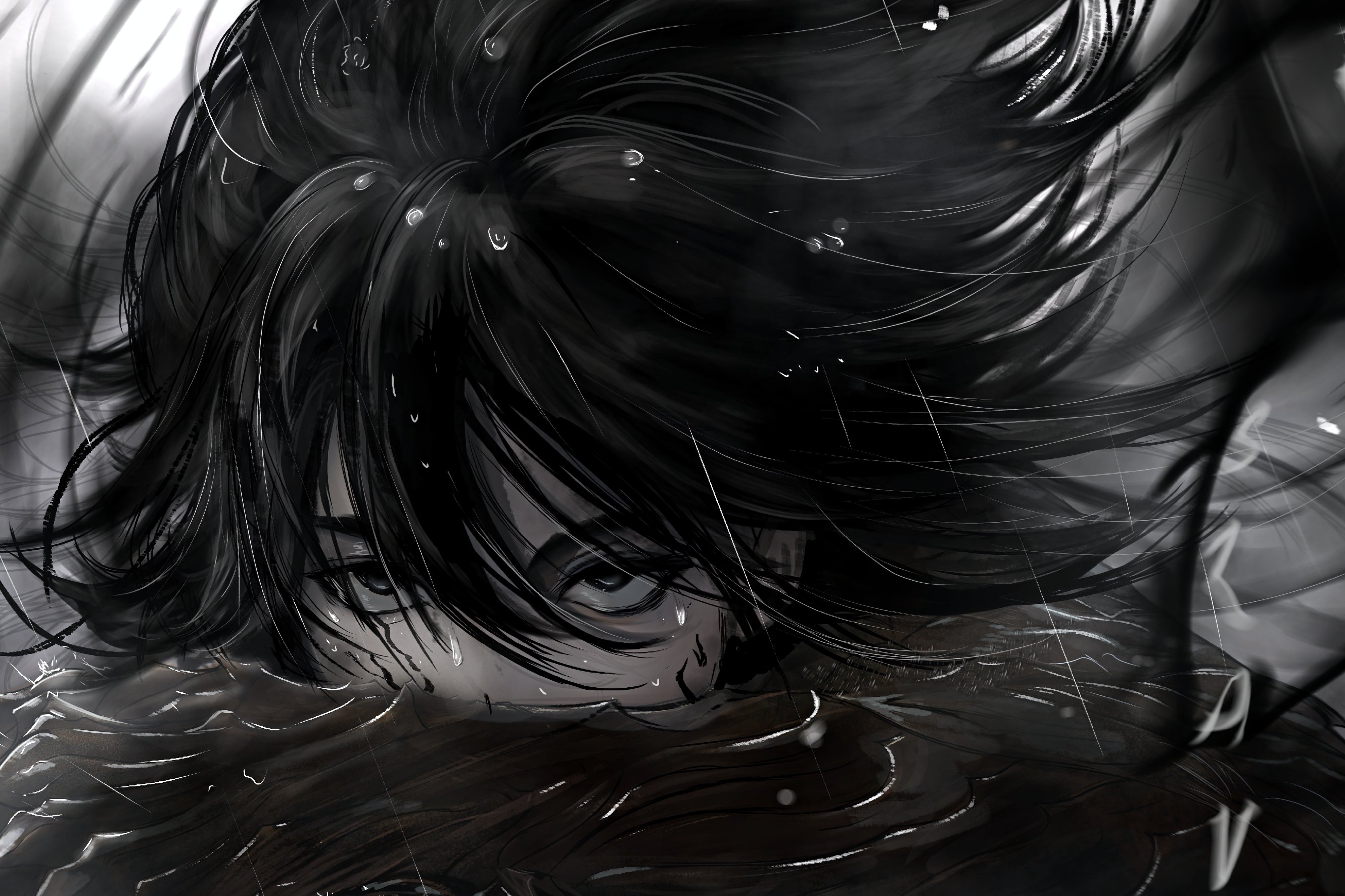 sunny (shadow slave), shadow slave, highres, 1boy, black eyes, black hair, close-up, covered mouth, covering face, fur collar, greyscale, illithii, looking up, male focus, messy hair, monochrome, portrait, rain, serious, short hair, solo