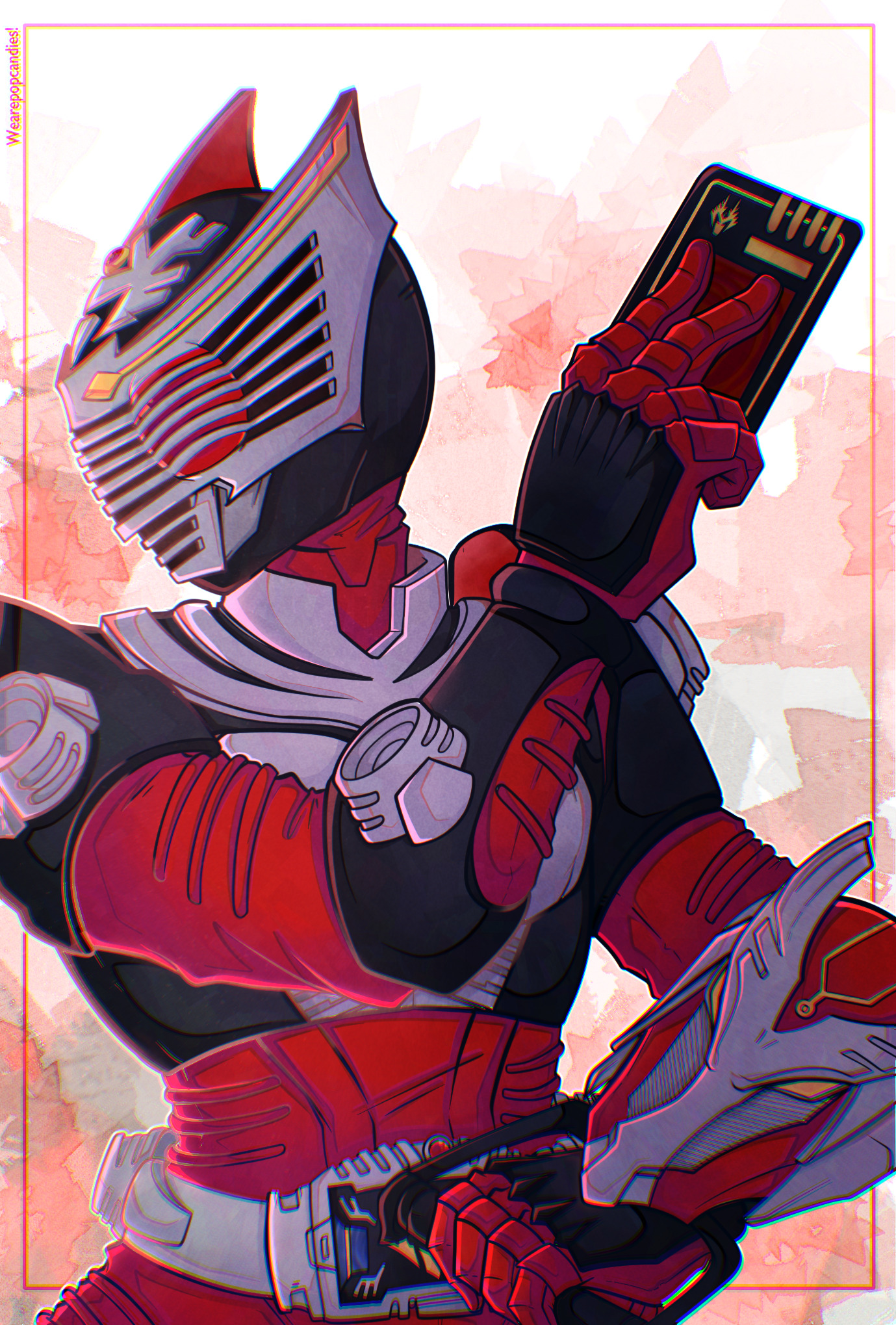 kamen rider ryuki, kamen rider, kamen rider ryuki (series), tokusatsu, commentary, english commentary, highres, 1boy, advent card, animification, armor, artist name, belt, card, facing to the side, hand up, holding, holding card, male focus, rider belt, solo, upper body, v buckle, wearepopcandies