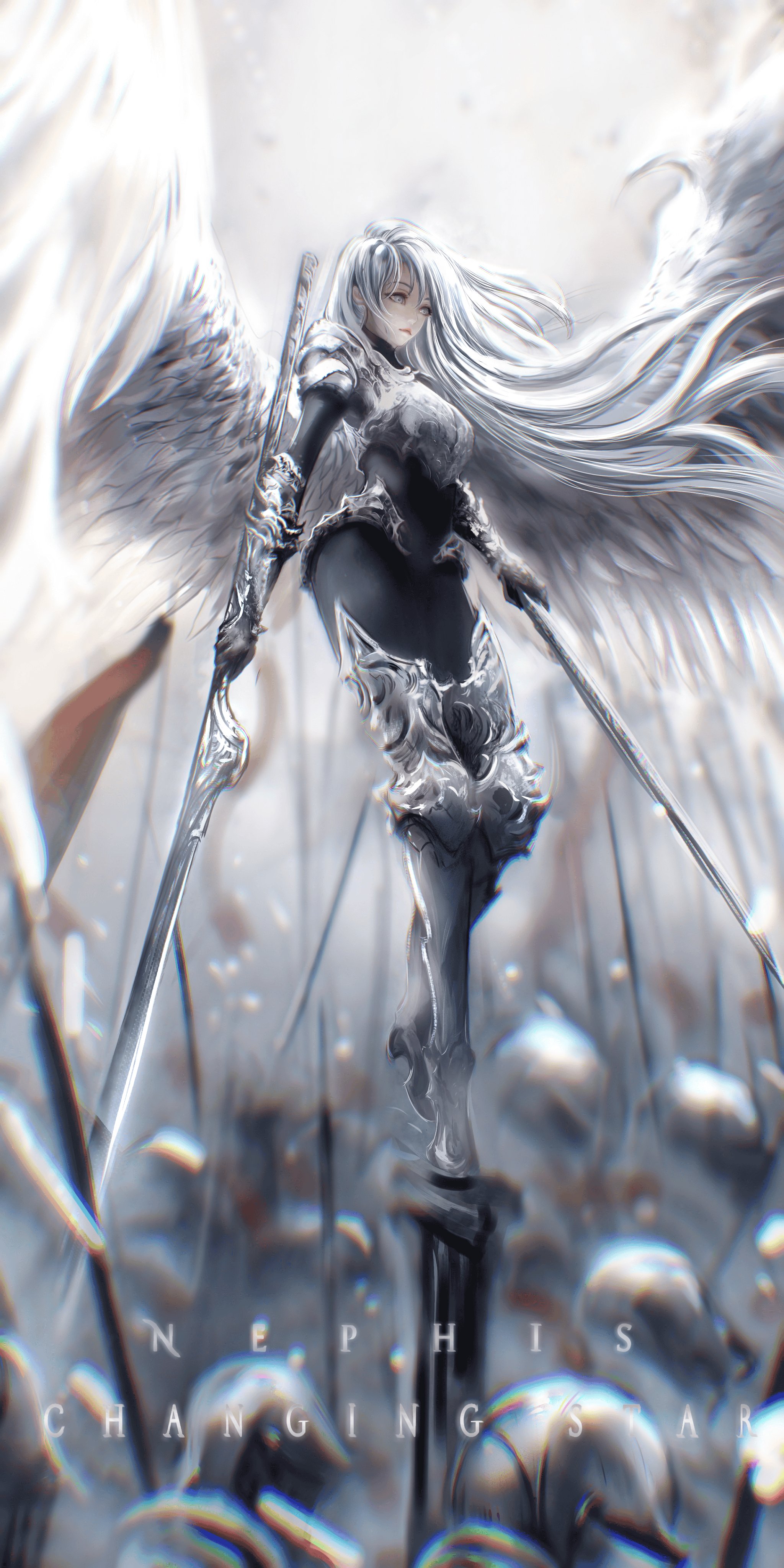 nephis (shadow slave), shadow slave, absurdres, highres, 1girl, 6+others, armor, army, black gloves, breastplate, character name, chromatic aberration, contrapposto, copyright name, dual wielding, feathered wings, full body, gloves, grey eyes, hair flowing over, holding, holding sword, holding weapon, illithii, knight, light frown, long hair, multiple others, serious, shoulder armor, soldier, standing, standing on one leg, sword, very long hair, weapon, white hair, white wings, wings