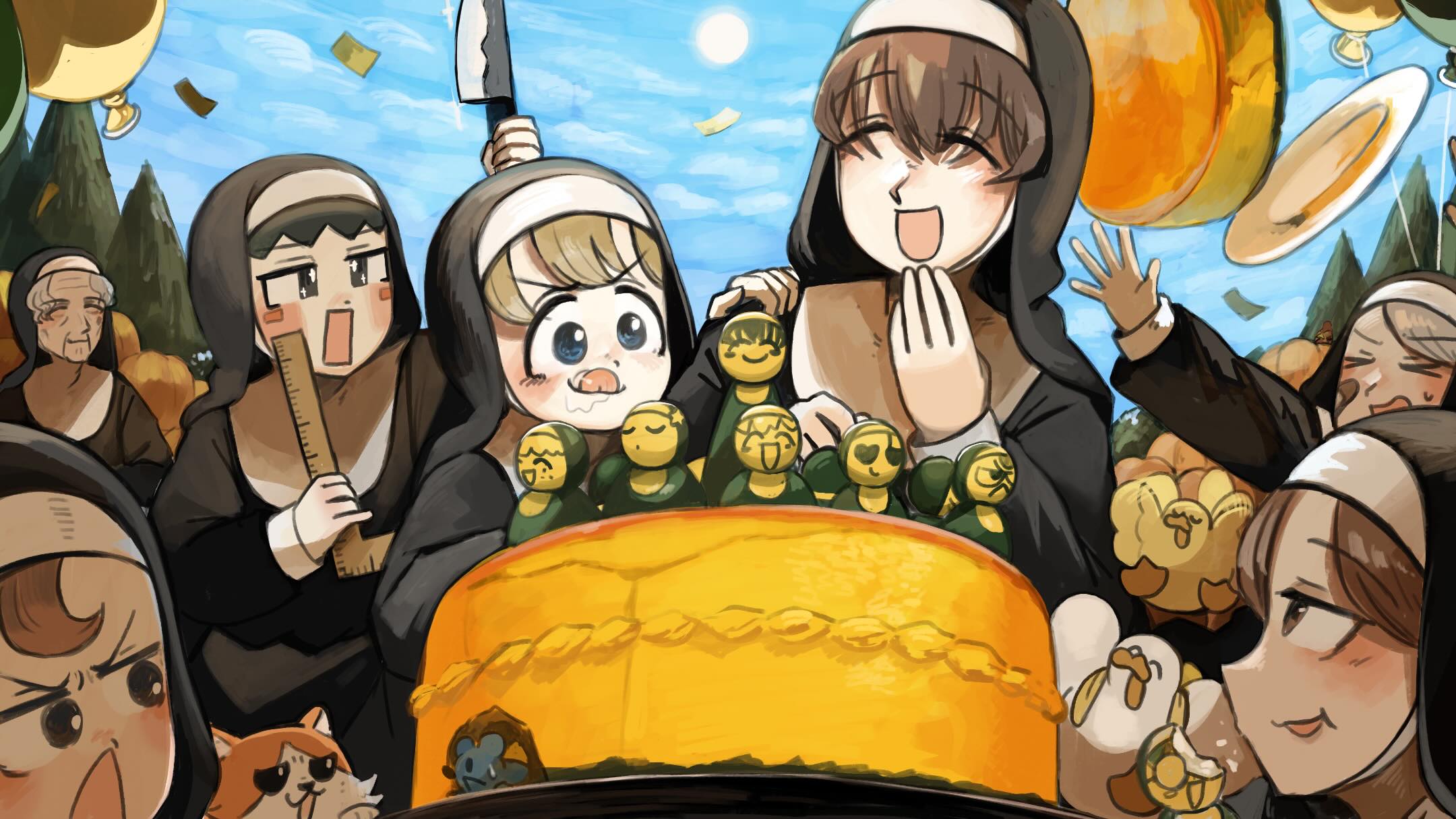 diva (hyxpk), clumsy nun (diva), froggy nun (diva), hungry nun (diva), leaf nun (diva), shy nun (diva), square nun (diva), little nuns (diva), commentary, english commentary, highres, 6+girls, :d, baby animal, balloon, bandaid, bandaid on face, bird, black hair, blonde hair, blue eyes, brown eyes, brown hair, cake, cat, character figure, chicken, duck, duckling, food, grey hair, holding, holding knife, holding ruler, knife, mouse (animal), multiple girls, nun, old, old woman, open mouth, outdoors, rectangular mouth, smile, sun, tongue, tongue out, traditional nun, tree, triangle mouth