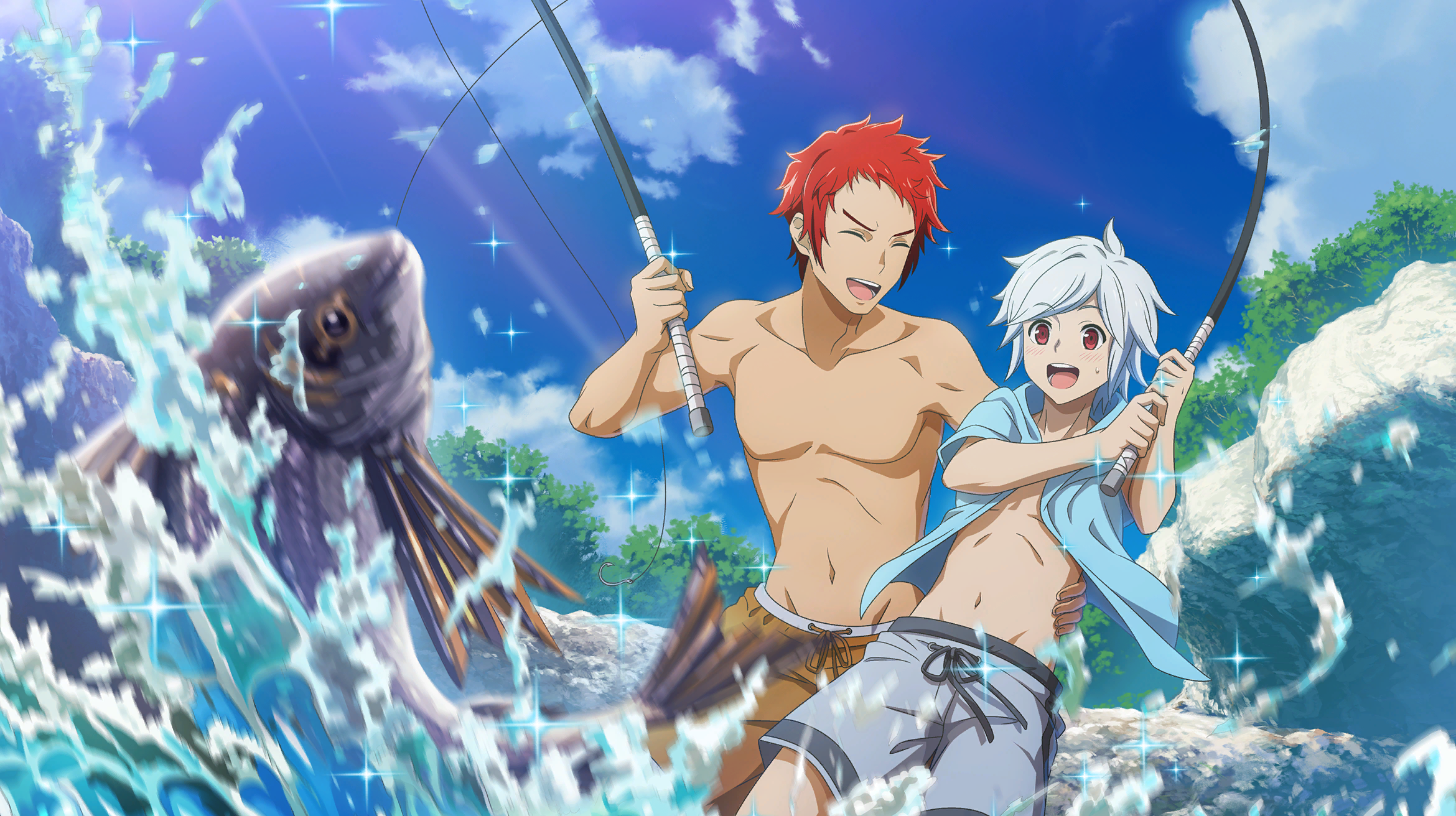 bell cranel, welf crozzo, danmachi battle chronicle, dungeon ni deai wo motomeru no wa machigatteiru darou ka, game cg, highres, non-web source, official art, 2boys, :d, anime coloring, blue jacket, blue sky, closed eyes, fish, fish hook, fishing, fishing line, fishing rod, friends, hand on another's waist, holding, holding fishing rod, jacket, male swimwear, multiple boys, navel, open clothes, open jacket, open mouth, outdoors, red eyes, red hair, short hair, short sleeves, sky, smile, splashing, stomach, sweatdrop, swim trunks, topless male, water, white hair