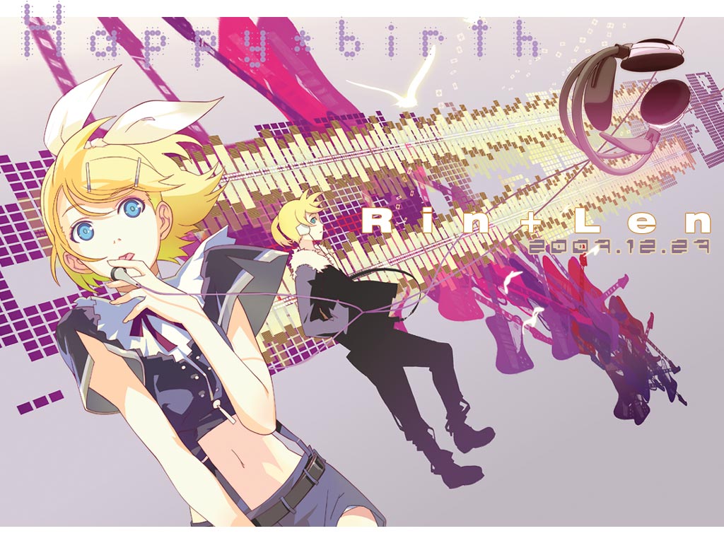 119, 1ten, kagamine len, kagamine rin, vocaloid, 1boy, 1girl, belt, blonde hair, blue eyes, brother and sister, crop top, earphones, guitar, hair ornament, hairclip, headphones, instrument, licking, midriff, short hair, shorts, siblings, suspenders, twins