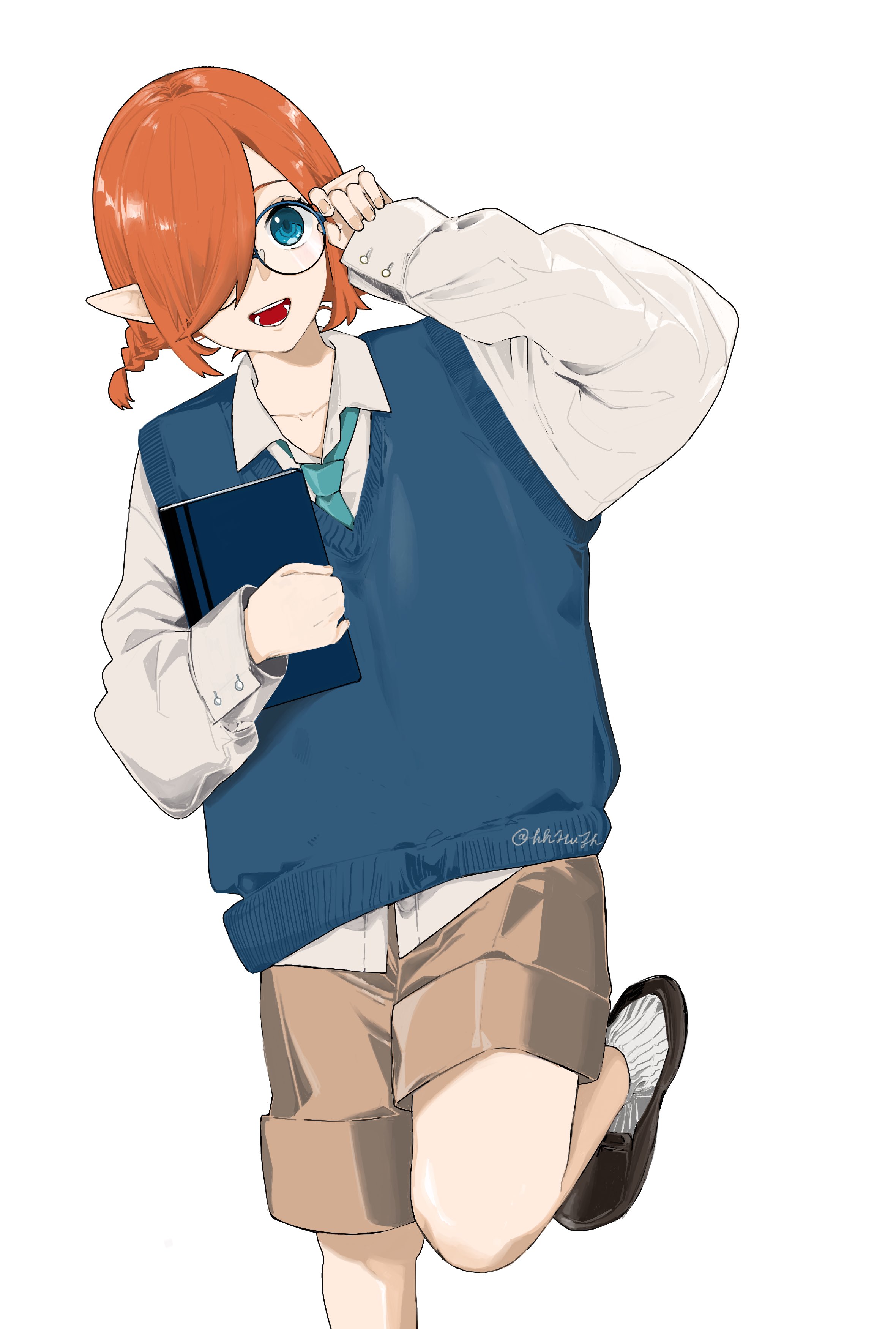 hhhuzh, gallica (metaphor: refantazio), metaphor: refantazio, absurdres, highres, 1girl, alternate costume, alternate hairstyle, aqua necktie, black-framed eyewear, blue eyes, blue vest, book, braid, brown shorts, collared shirt, contemporary, glasses, hair over one eye, holding, holding book, looking at viewer, necktie, one eye covered, open mouth, orange hair, pointy ears, round eyewear, shirt, short hair, shorts, simple background, sleeves past wrists, smile, solo, standing, standing on one leg, twin braids, twitter username, vest, white background, white shirt