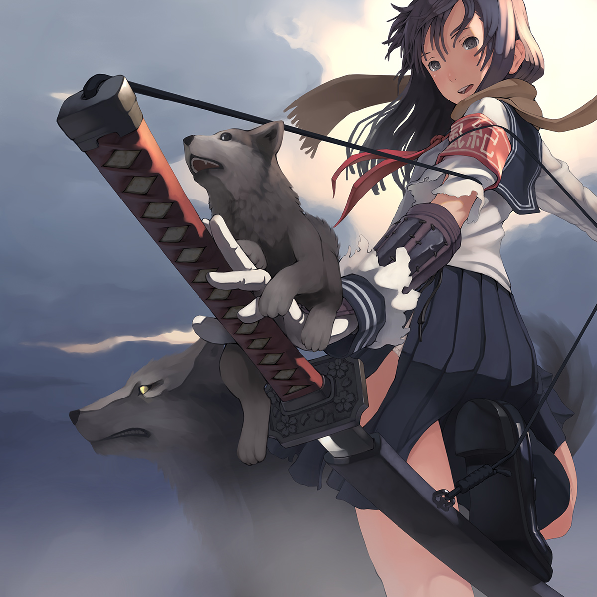 mars (artist), shizuma yoshinori, original, highres, 1girl, arm guards, armband, baby animal, black hair, brown hair, dog, enpera, female focus, katana, long hair, open mouth, puppy, scarf, school uniform, serafuku, skirt, smile, solo, sword, torn clothes, weapon, wolf