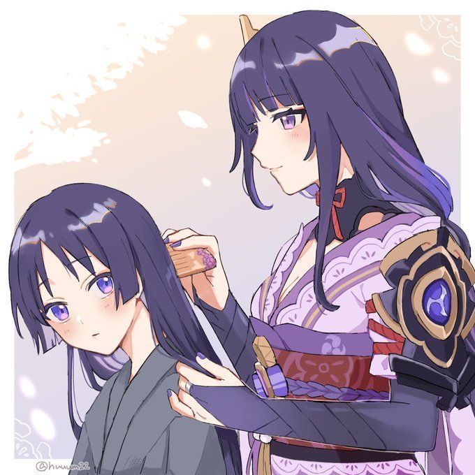 raiden shogun, scaramouche (genshin impact), scaramouche (kabukimono) (genshin impact), genshin impact, artist request, bad id, bad twitter id, 1boy, 1girl, alternate costume, alternate hairstyle, armor, artist name, blunt bangs, blush, braid, breasts, bridal gauntlets, brushing hair, cleavage, clothing cutout, couple, falling leaves, from side, gradient background, gradient hair, hair between eyes, hair down, hair ornament, height difference, holding, holding brush, japanese clothes, kimono, large breasts, leaf, long braid, long hair, looking to the side, mother and son, multicolored hair, neck ribbon, off shoulder, parted lips, purple eyes, purple hair, purple kimono, purple nails, red ribbon, red sash, ribbon, sash, shade, shoulder armor, shoulder cutout, single braid, sitting, standing, streaked hair, upper body