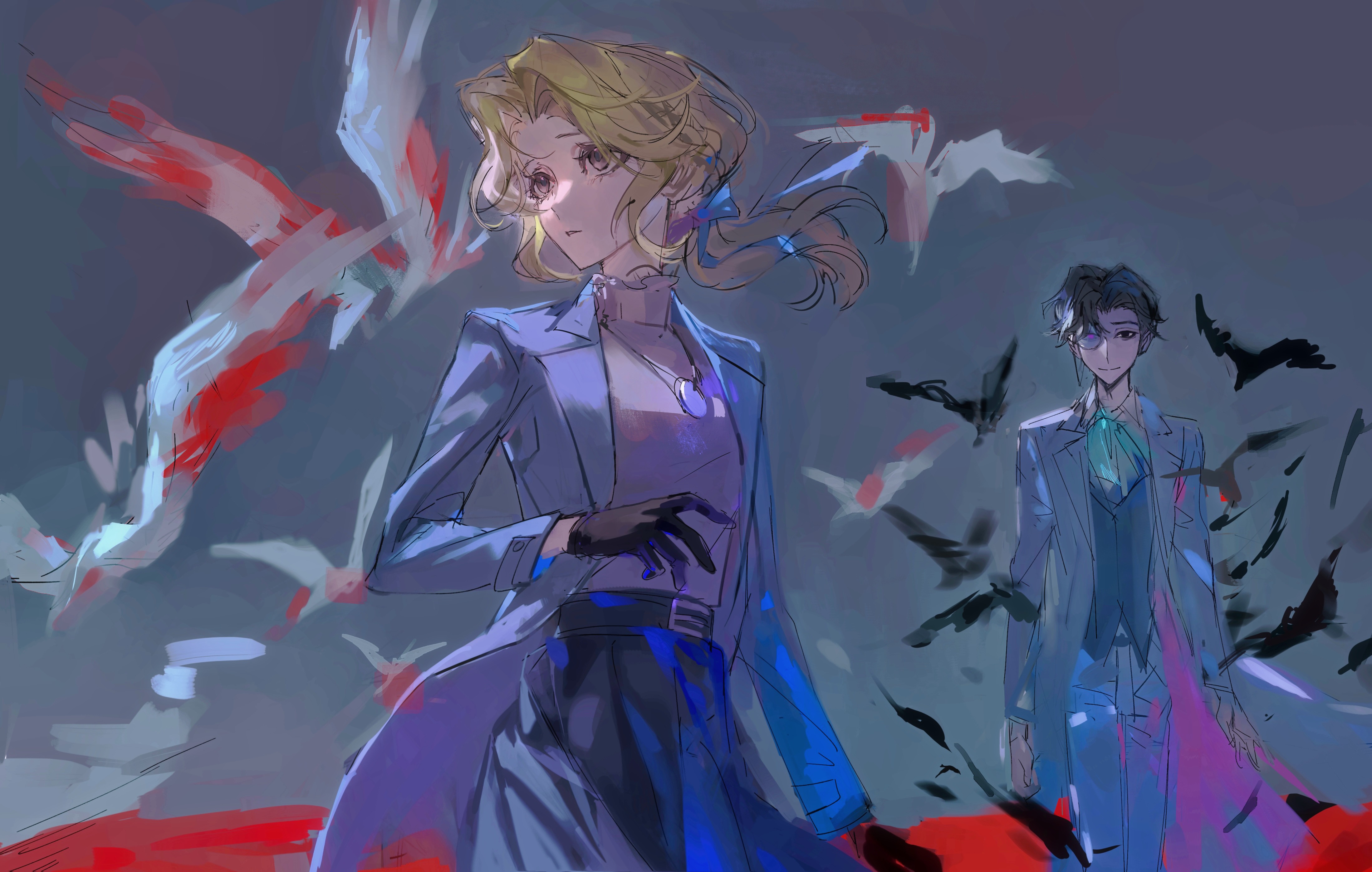 alice deross, orpheus (identity v), identity v, absurdres, highres, 1boy, 1girl, ascot, bird, black eyes, black gloves, black skirt, blonde hair, blue ascot, blue coat, blue gemstone, blue vest, brown eyes, brown hair, coat, collar, crow, empty eyes, floating clothes, floating hair, frilled collar, frills, gem, gloves, hair intakes, jewelry, looking ahead, looking at viewer, low ponytail, monocle, necklace, pants, ponytail, raised inner eyebrows, skirt, smile, turtleneck, vest, white coat, white pants, xinjinjumin675358701172