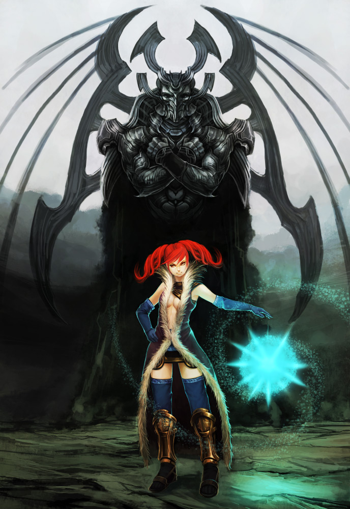shotshell, original, 1girl, armor, breasts, cleavage, elbow gloves, fantasy, female focus, gloves, magic, medium breasts, red hair, solo, thighhighs, twintails, yellow eyes, zettai ryouiki