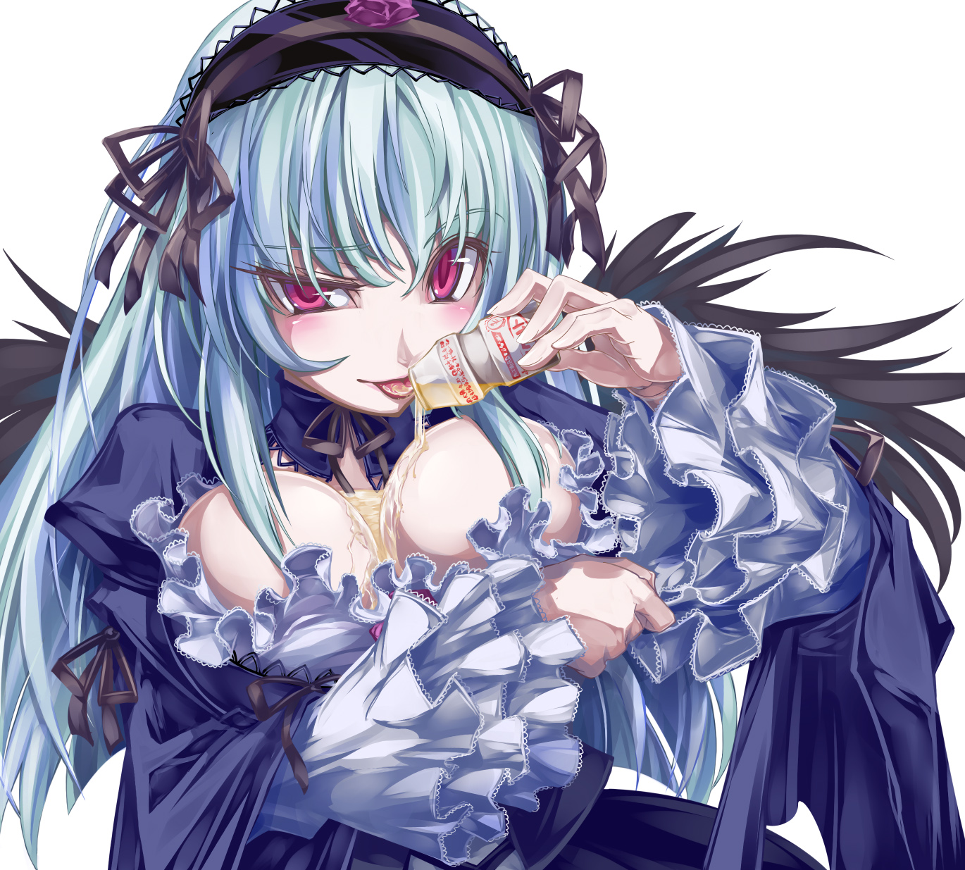 sasa ichi, suigintou, rozen maiden, yakult, breast hold, silver hair, highres, 00s, 1girl, alternate breast size (larger), breasts, female focus, large breasts, long hair, milk, red eyes, solo, tongue