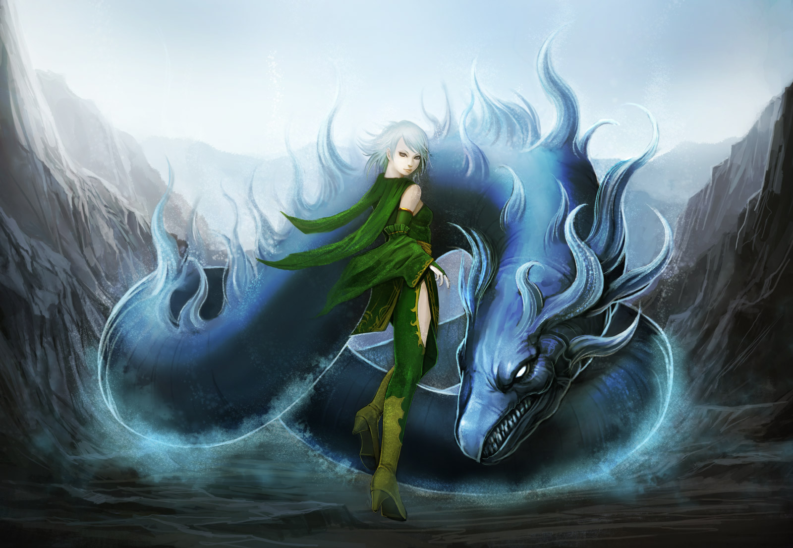 shotshell, leviathan (final fantasy), rydia (adult) (ff4), rydia (ff4), final fantasy, final fantasy iv, highres, 1990s (style), aged up, aqua hair, bridal gauntlets, detached sleeves, dragon, green hair, grey eyes, retro artstyle, short hair