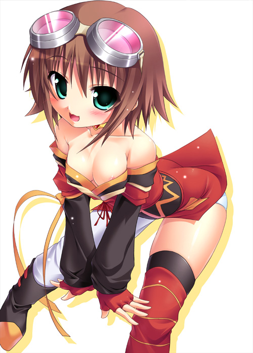 tachibana surimu, rita mordio, tales of (series), tales of vesperia, 00s, 1girl, areola slip, bare shoulders, bob cut, breasts, brown hair, female focus, fingerless gloves, gloves, goggles, green eyes, nipple slip, nipples, pantyhose, short hair, single leg pantyhose, small breasts, solo, thighhighs