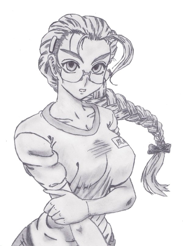 furinji miu, shijou saikyou no deshi ken'ichi, 00s, 10s, 1girl, breasts, female focus, glasses, greyscale, hair ornament, hairclip, large breasts, mole, mole under eye, monochrome, ponytail, sketch, solo