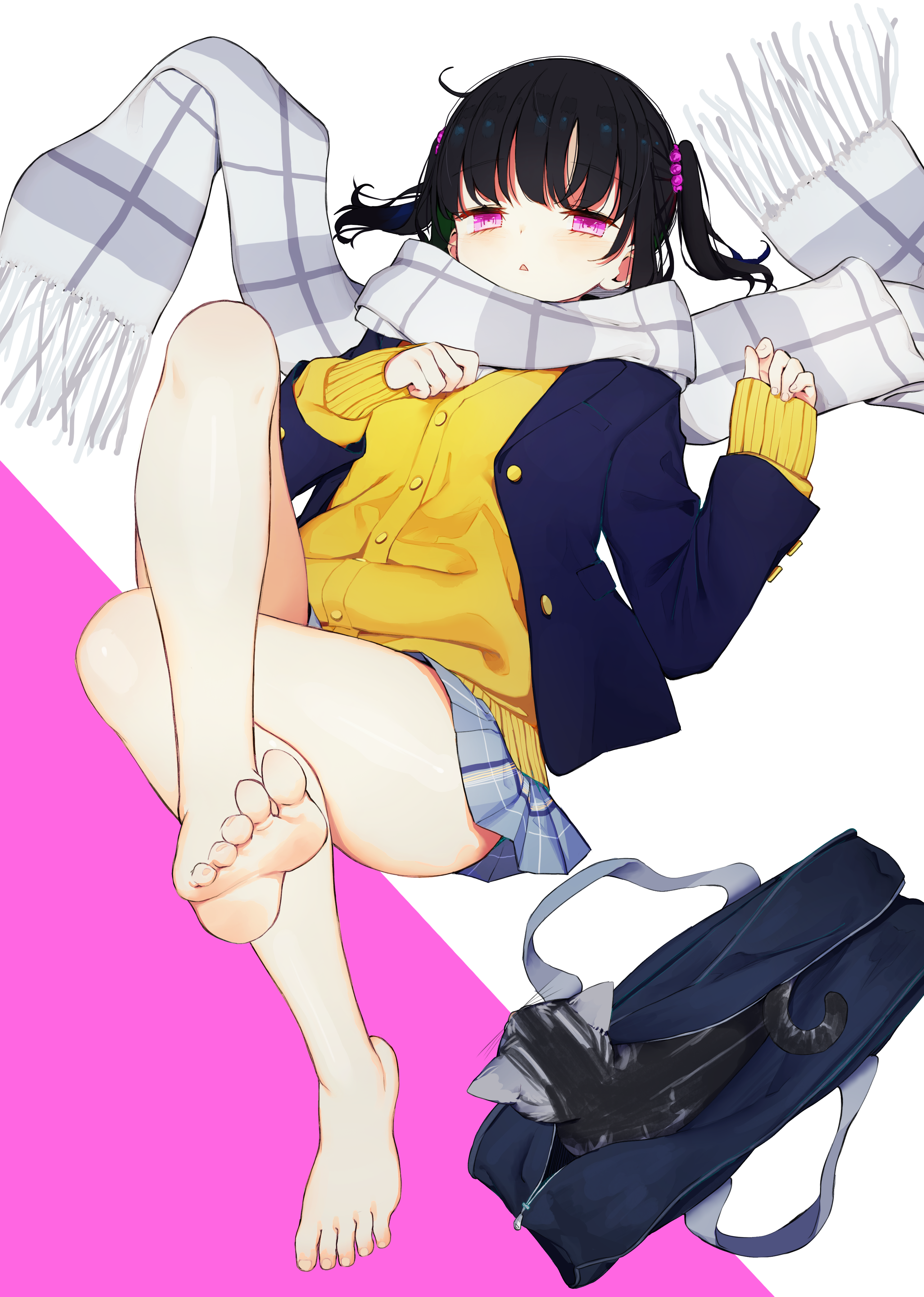 kamizaki hibana, absurdres, highres, 1girl, barefoot, black hair, cat, crossed legs, feet, light blush, long hair, looking at viewer, lying, on back, parted lips, pink eyes, scarf, soles, toes, twintails