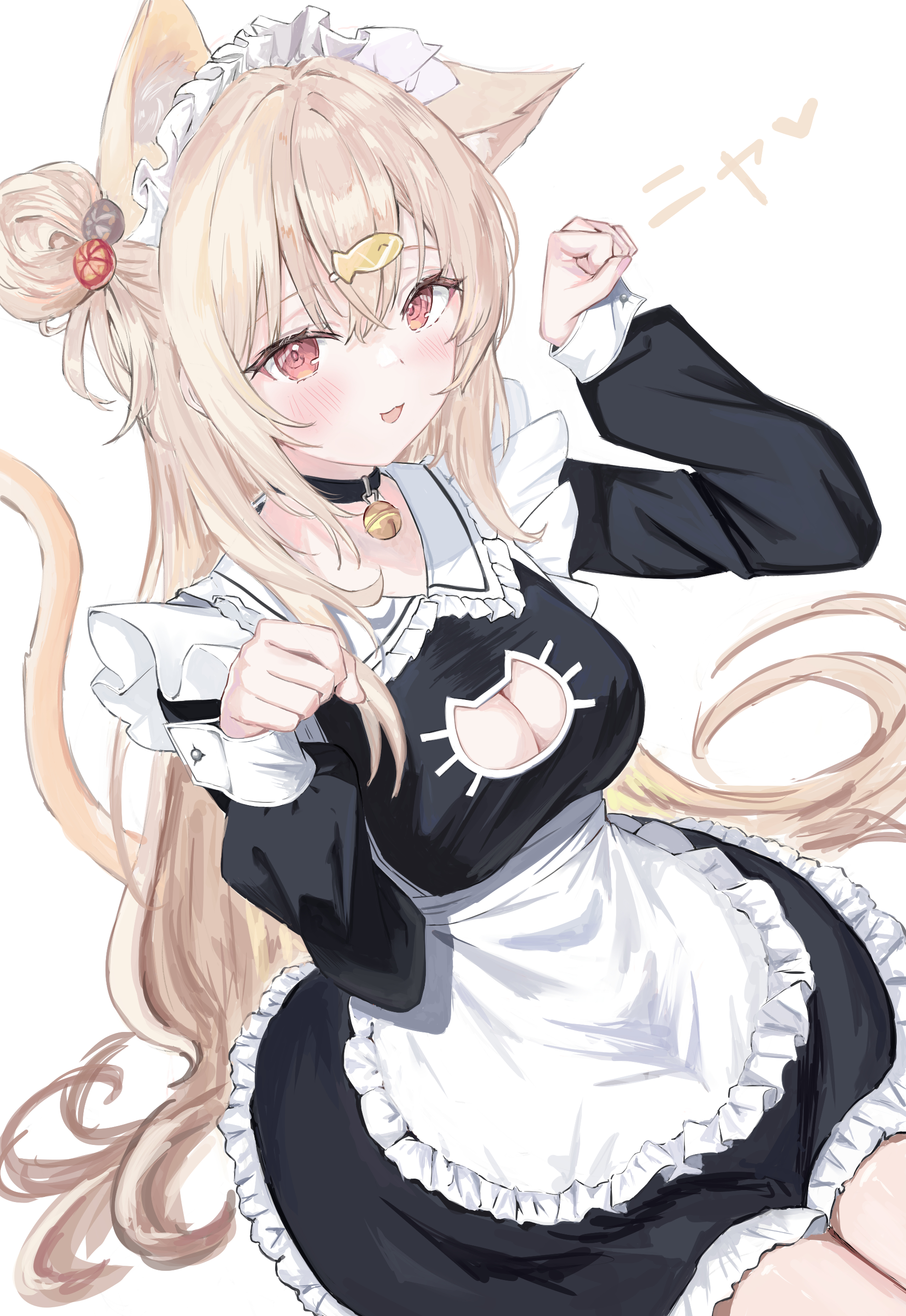 astre (astre25), original, 1girl, animal ears, apron, bell, black choker, black dress, blonde hair, blush, breasts, brown eyes, cat cutout, cat ears, cat tail, choker, cleavage, cleavage cutout, clothing cutout, cowboy shot, crossed bangs, dress, fish hair ornament, frilled apron, frilled dress, frills, hair between eyes, hair bun, hair ornament, hands up, jingle bell, long hair, long sleeves, looking at viewer, maid, maid headdress, medium breasts, neck bell, open mouth, paw pose, short dress, simple background, single hair bun, sitting, solo, tail, very long hair, white apron, white background, yellow tail