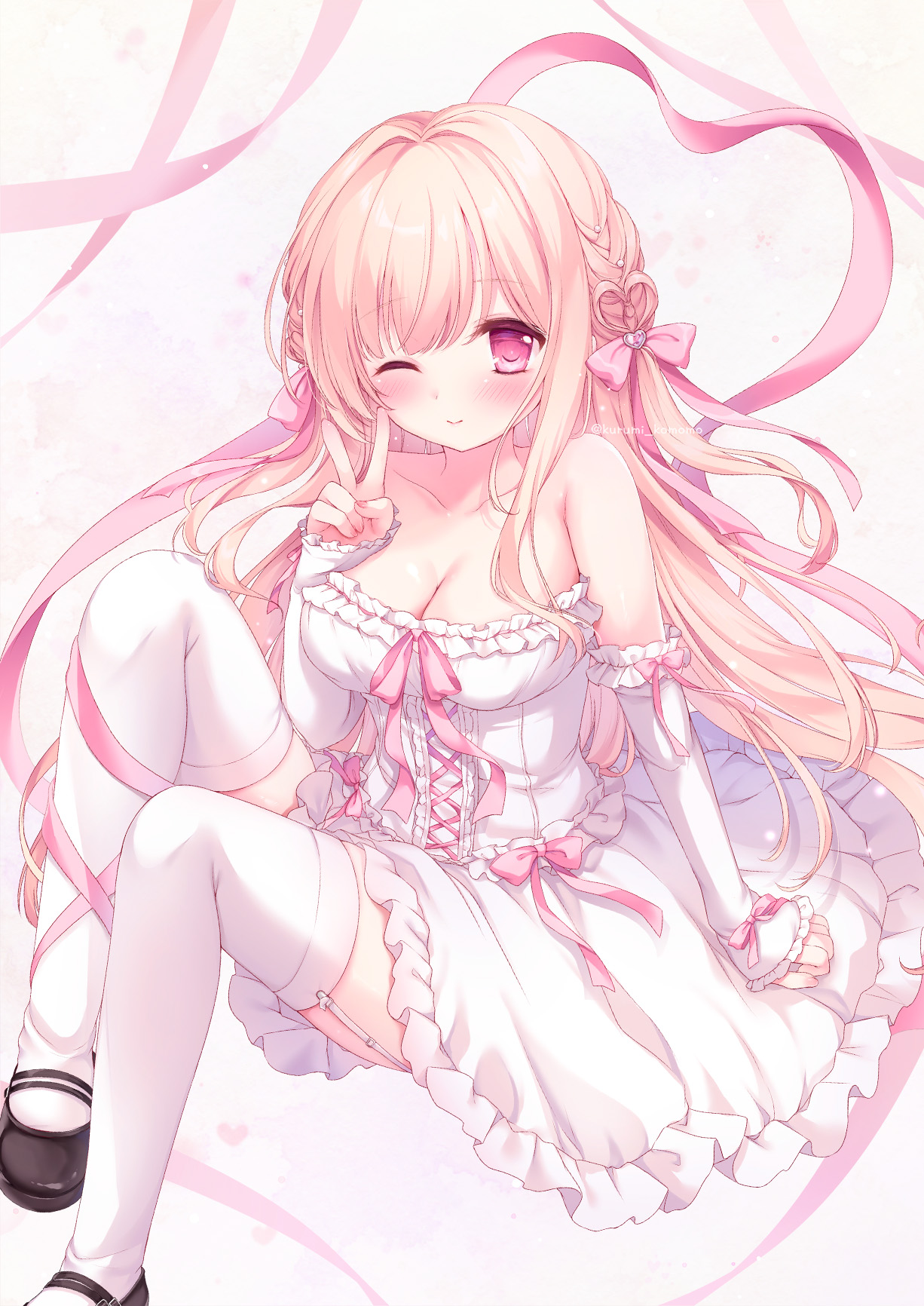 kurumi komomo, original, 1girl, arm at side, bare shoulders, black shoes, blonde hair, blush, bow, breasts, cleavage, closed mouth, collarbone, detached sleeves, dress, dress bow, dress ribbon, floating hair, frilled dress, frilled sleeves, frills, garter straps, hair ribbon, hand up, knees up, leg ribbon, long hair, long ribbon, looking at viewer, medium breasts, one eye closed, pink bow, pink ribbon, red eyes, ribbon, shoes, sidelocks, sitting, sleeves past wrists, smile, solo, strapless, strapless dress, thighhighs, v, very long hair, white dress, white garter straps, white sleeves, white thighhighs