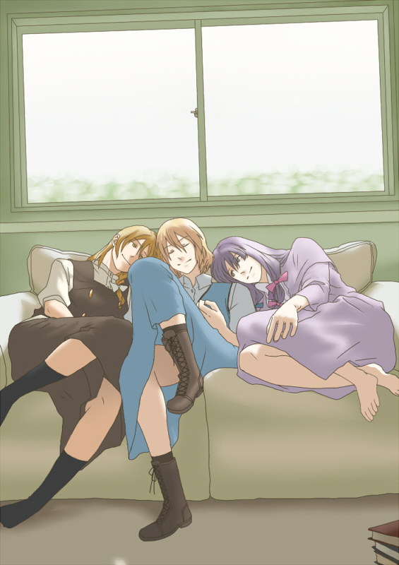 torinone, alice margatroid, kirisame marisa, patchouli knowledge, touhou, bad id, bad pixiv id, 3girls, aged up, barefoot, blonde hair, boots, braid, closed eyes, couch, dress, female focus, indoors, multiple girls, purple eyes, purple hair, ribbon, short hair, socks, window, yellow eyes