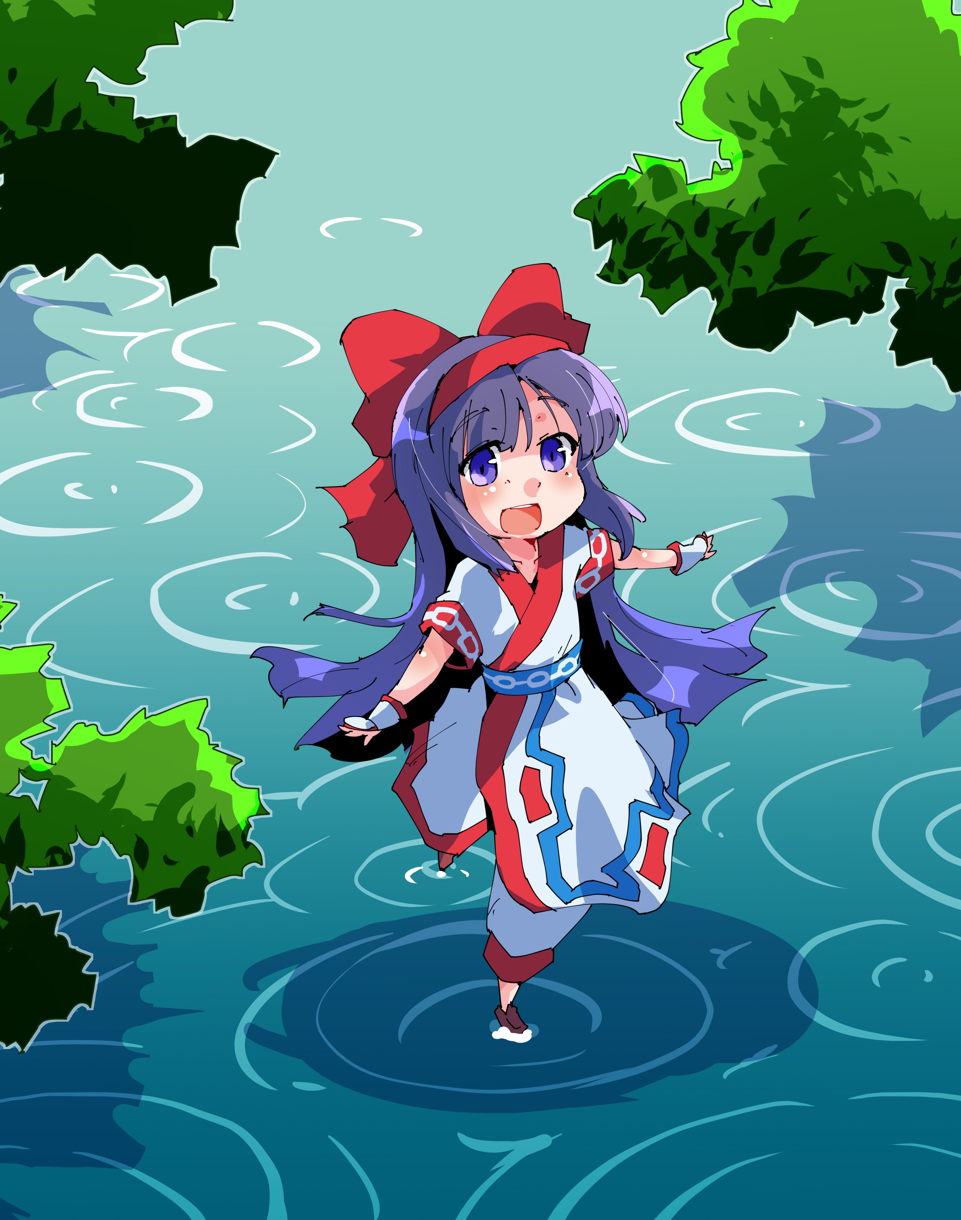 nakoruru, samurai spirits, snk, the king of fighters, highres, 1girl, ainu clothes, breasts, fingerless gloves, gloves, hair ribbon, legs, long hair, looking at viewer, open mouth, pants, purple eyes, purple hair, ribbon, small breasts, thighs, tongue, water